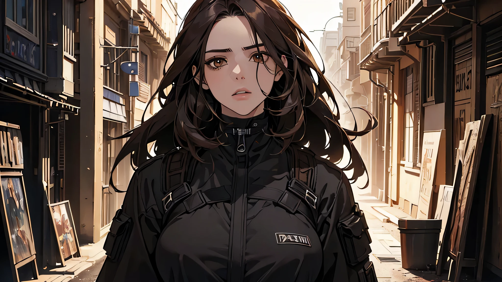 (Masterpiece best quality ultra detailed photorealistic dark apocalyptic setting realistic lighting comic book art 1:2 pictures 1.2 High dynamic range) (a twenty-eight year old woman) (Very beautiful face, perfect lines, brown eyes, long hair, move) (wearing black, walk)