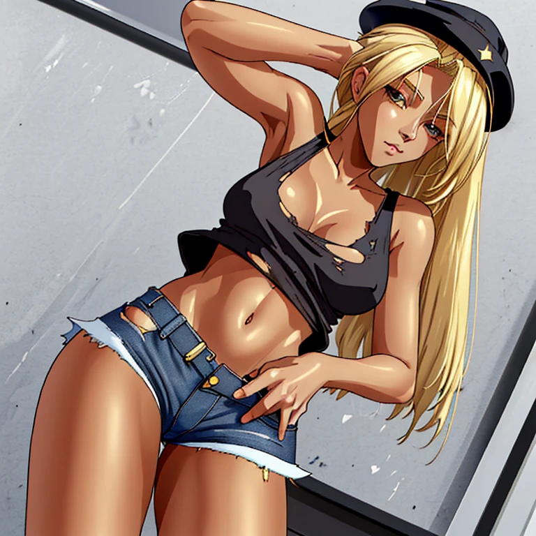 One beautiful blonde woman, long hair, tall body, black police hat, white tank top, torn denim shorts, crotch emphasis, navel visible, sexy pose
