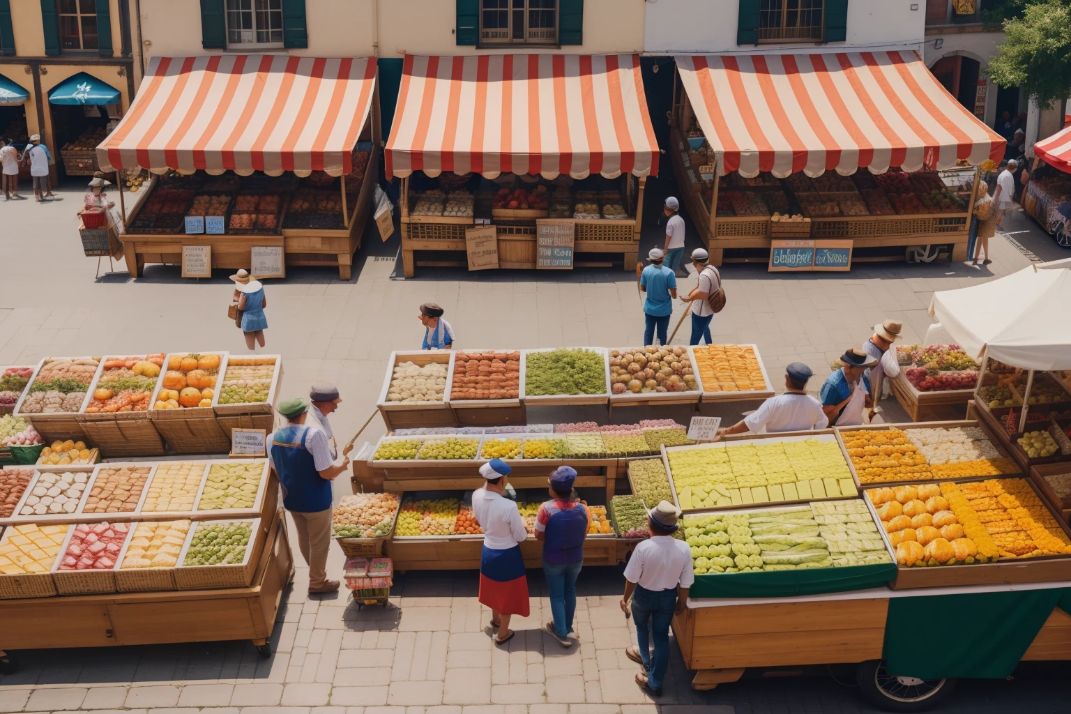 ((bird eye view)). A bustling market scene in a quaint town square, with vendors selling fresh produce, flowers, and artisanal goods from colorful stalls adorned with striped awnings. Characters browse the wares, sampling cheeses, and chatting with local merchants, while street performers entertain the crowds with music and mime. The scene brims with energy and charm, capturing the vibrant atmosphere of a May market day.
