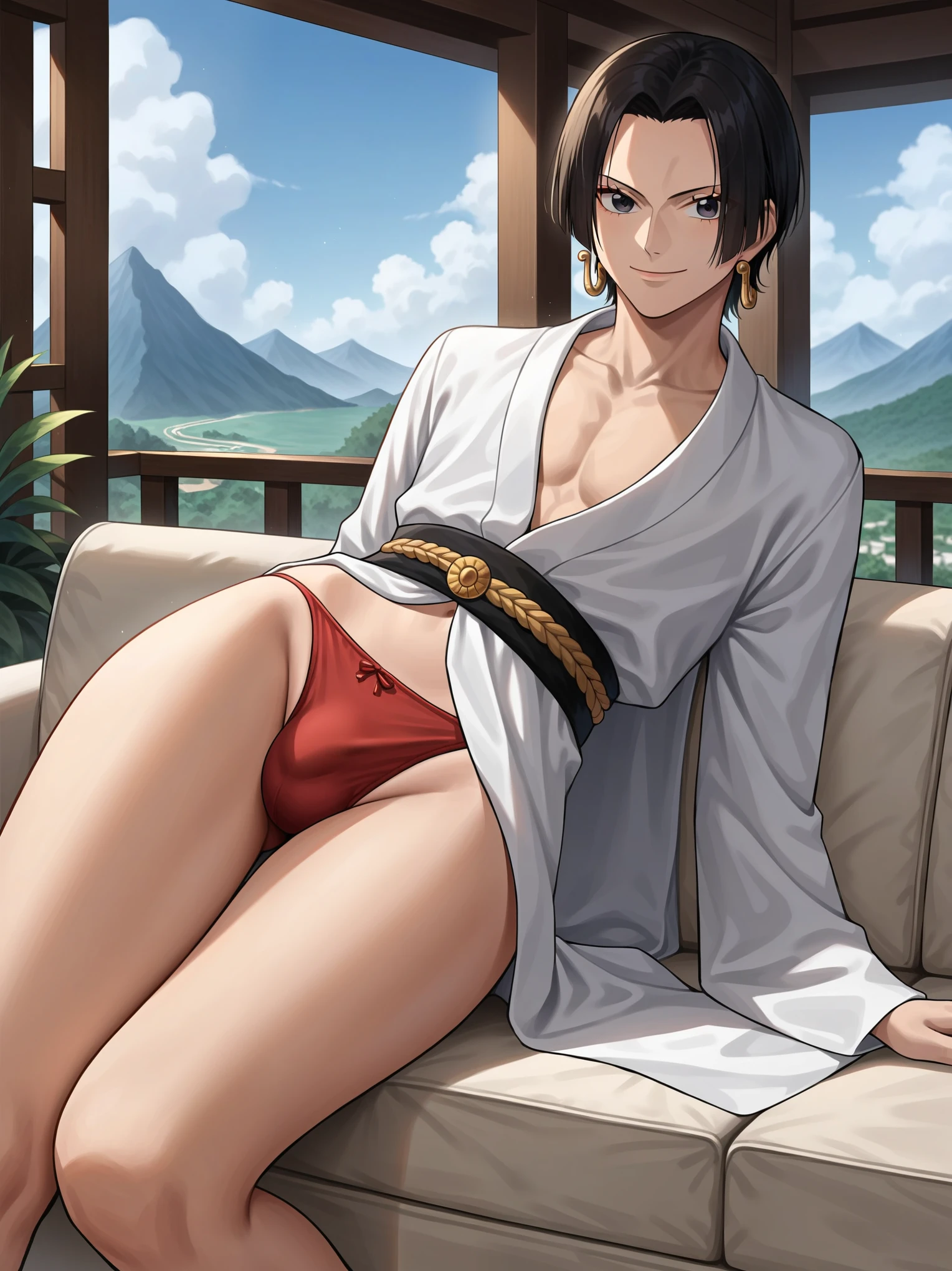 source_anime,score_9,score_8_up, score_7_up, 1boy,solo,outdoors,one piece, boa hancock, couch, indoors, seductive, face closeup, ((closed mouth)), smirk, thighs, long shot, balcony, mountain and riverbackground, fancy, white couch, laying, leaning, front view, red underwear, red panties with rope outline, white robe, genderswap, genderbend, bulge, genderbend ftm, ftm, short hair, femboy,