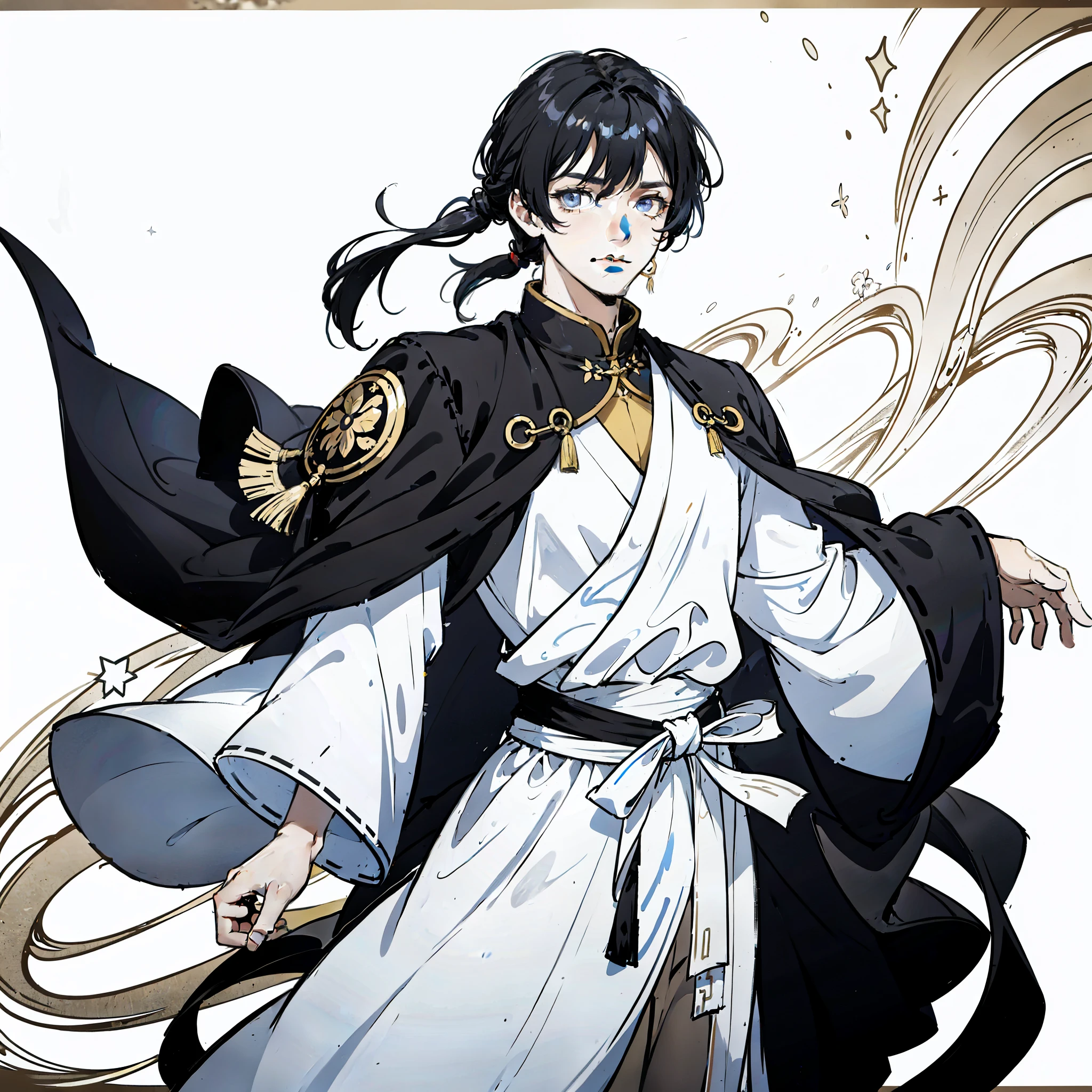 He looks like a -year-oly，Hei 172cm，black hair，M-shaped bangs，Starry blue eyes，Wearing a white and gold Chinese Tang Dynasty style god cloak，A black belt around the waist，There is a Tang sword on his waist，Poker face，Cool and youthful feeling