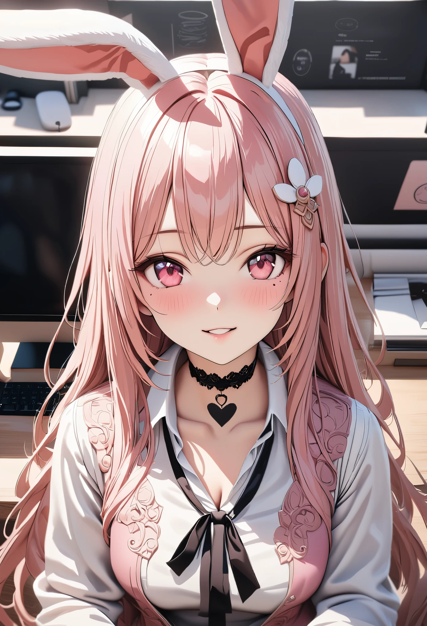 masterpiece,highest quality, Super detailed, High resolution, expensive resolution, HDR, 4k, 8K, unity 8k wallpaper, Super detailed CG, masterpiece, photo realistic, 2D, 3D, beautiful details, depth, fine texture , super fine: 1.3, Fully focused, Crispy.skin, .he,
Very cute anime girl with Pink semi-long hair wearing expensive , one girl, smile、alone, Pink semi-long hair, animal ears, rabbit ears, office、business services、computer、disk、mole under the eye, looking at the viewer , expensive , blush, mole, rabbit ears, parted lips, hair ornaments, heart, pink eyes, choker