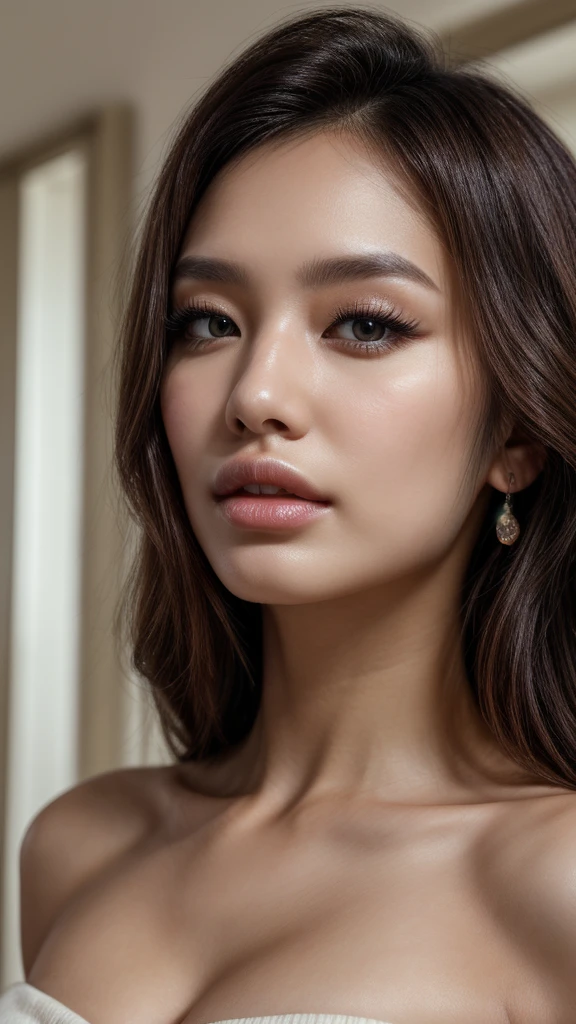 (best quality, 4k, 8k, highres, masterpiece:1.2), ultra-detailed (realistic, photorealistic, photo-realistic:1.37), full height, sedentary posture, large hips, Pale skin on the body, pale skin, RAW photo, Complex photo, Photo of a beautiful Korean woman, wavy pink hair, skin texture, pores, cinematic shot, White skin, sparkling eyes, graceful pose, feminine facial features, delicate jewelry
