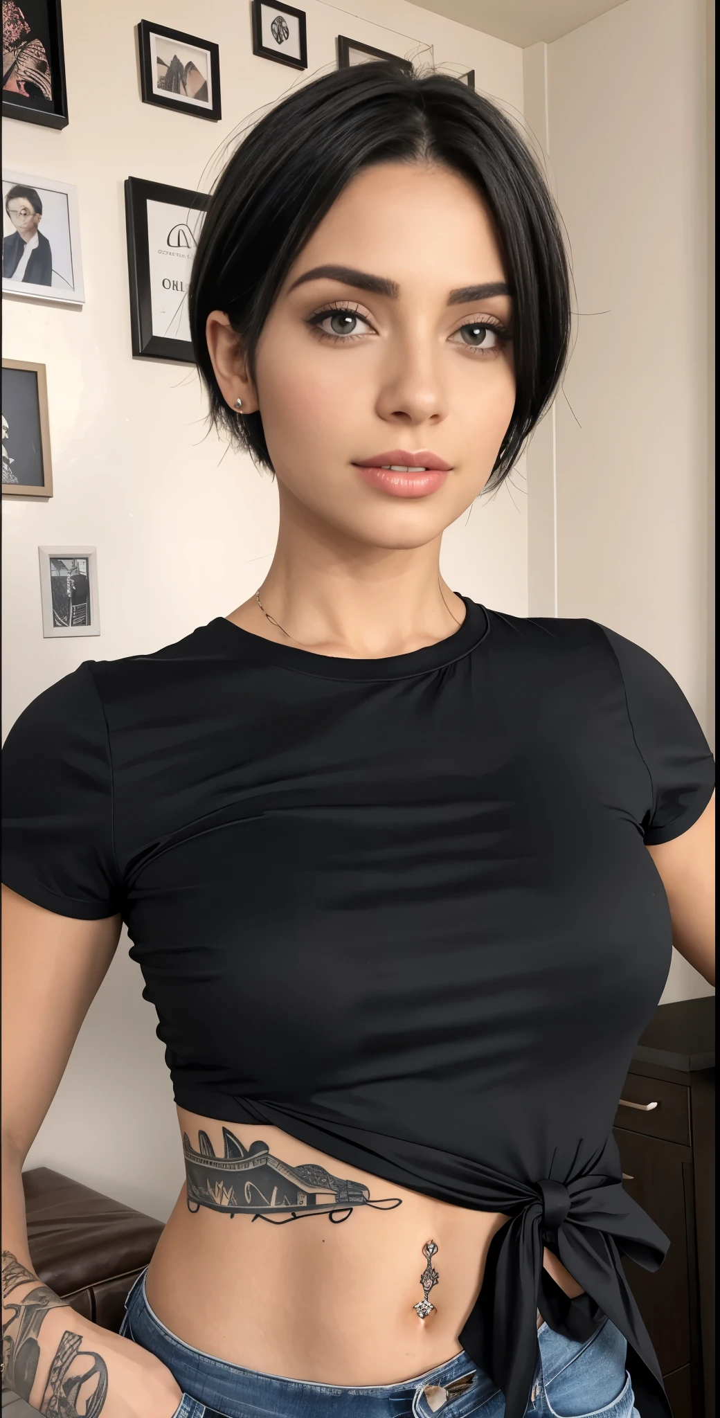 there is a woman with very short hair with a tattoo on her arm and a black shirt, jovem linda amouranto, wearing camisa apertada, camisa apertada, ombros centrados para cima, 3D Demo Roll Avatar, avatar da parte superior do corpo, blusa preta, rotoscopia, she is wearing a black blouse, Ela tem cabelo preto e curto, retrato vfx altamente detalhado, mais conhecido como amouranto