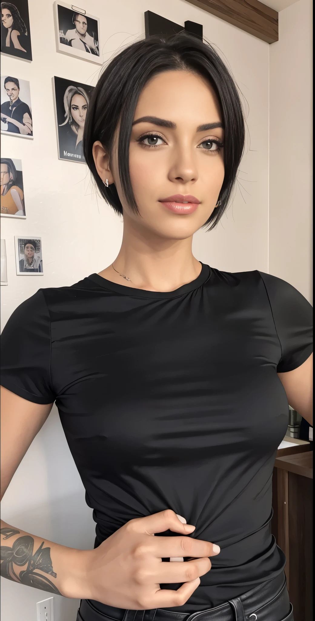 there is a woman with very short hair with a tattoo on her arm and a black shirt, jovem linda amouranto, wearing camisa apertada, camisa apertada, ombros centrados para cima, 3D Demo Roll Avatar, avatar da parte superior do corpo, blusa preta, rotoscopia, she is wearing a black blouse, Ela tem cabelo preto e curto, retrato vfx altamente detalhado, mais conhecido como amouranto