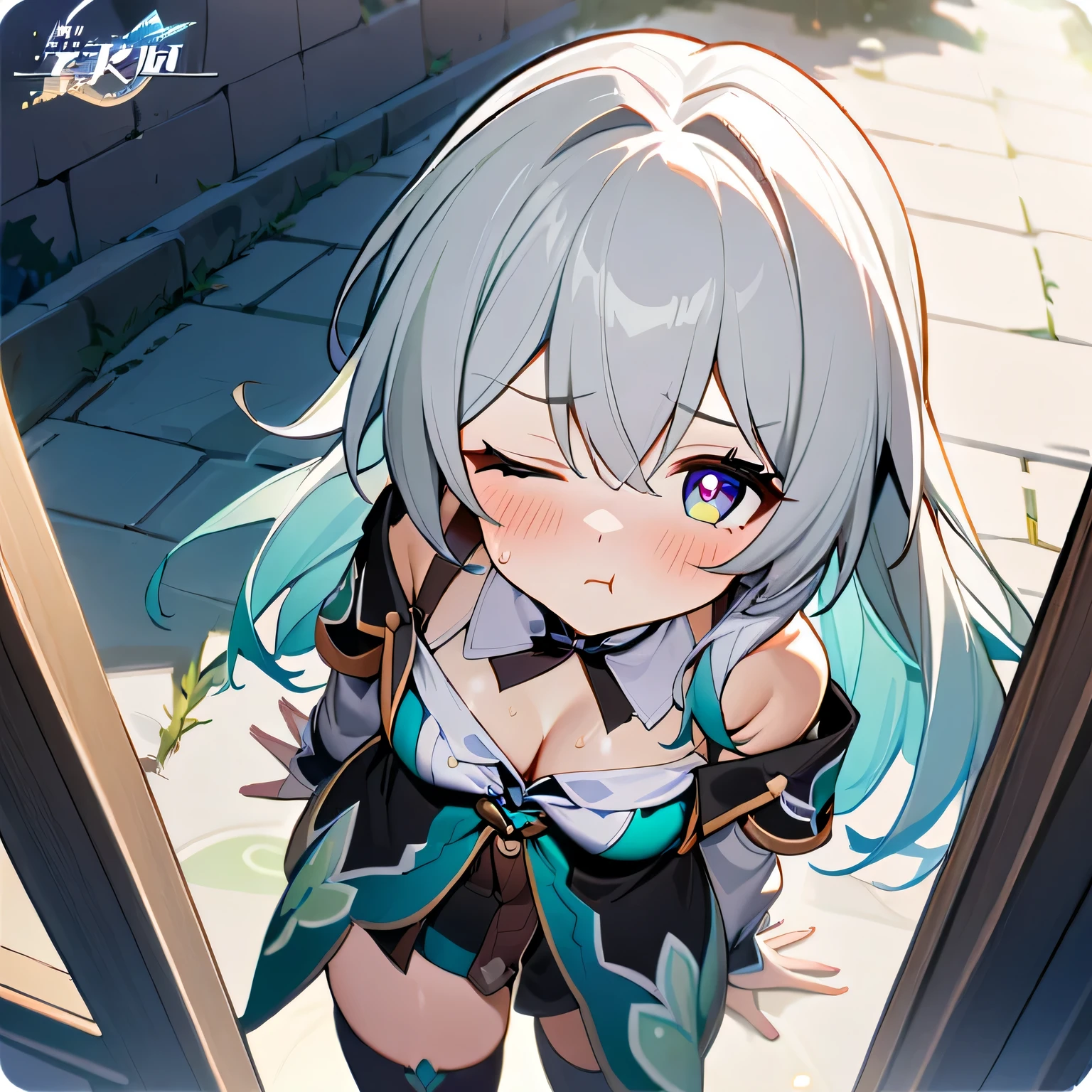 1girl,Firefly, firefly (honkai: star rail),white hair,pout,blush,one_eye_closed,(spread tops clothes down:1.3),chinese_clothes,cleavage,sweat,standing,thighhighs,looking_at_viewer,outdoors,night_sky,masterpiece,best quality,from_above,