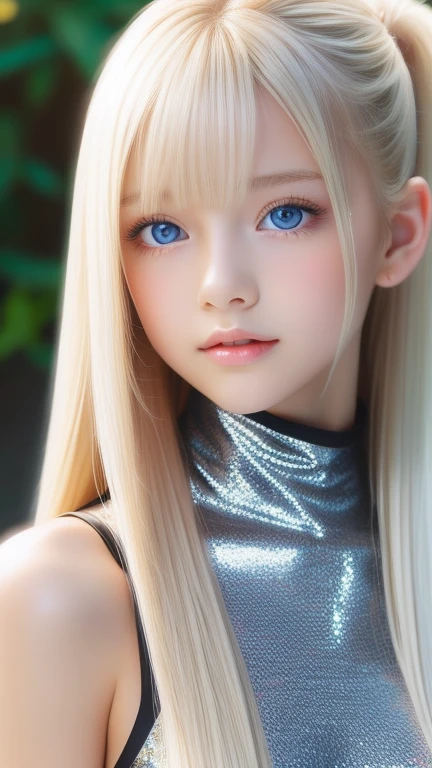 Portrait、、bright look、ponytail、Young, shiny, white, glossy skin、best beauty、blonde reflection、Platinum blonde hair with dazzling highlights、shiny bright hair,、super long silky straight hair、Shining beautiful bangs、Sparkling clear and charming big blue eyes、very beautiful lovely cute 16 year old girl、rich bust