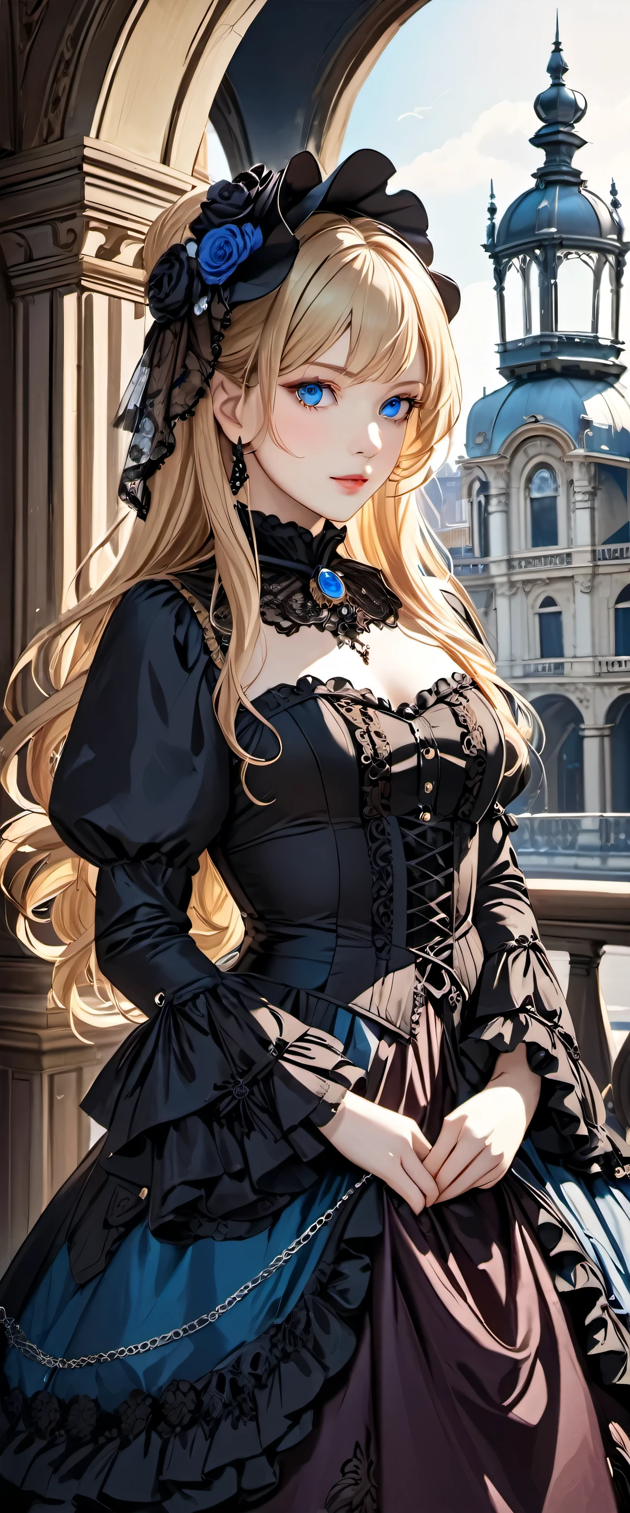 woman wearing dress and boots , baroque dress, wearing a detailed steampunk dress, elegant gothic princess, victorian gothic lolita fashion, historical baroque dress dark, black gothic lolita dress, fantasy style clothing, rococo dress, black rococo, fantasy costume, wearing a gothic dress, romantic dress, gothic dress,blonde,,(((upper body portrait)))blue eyes,city