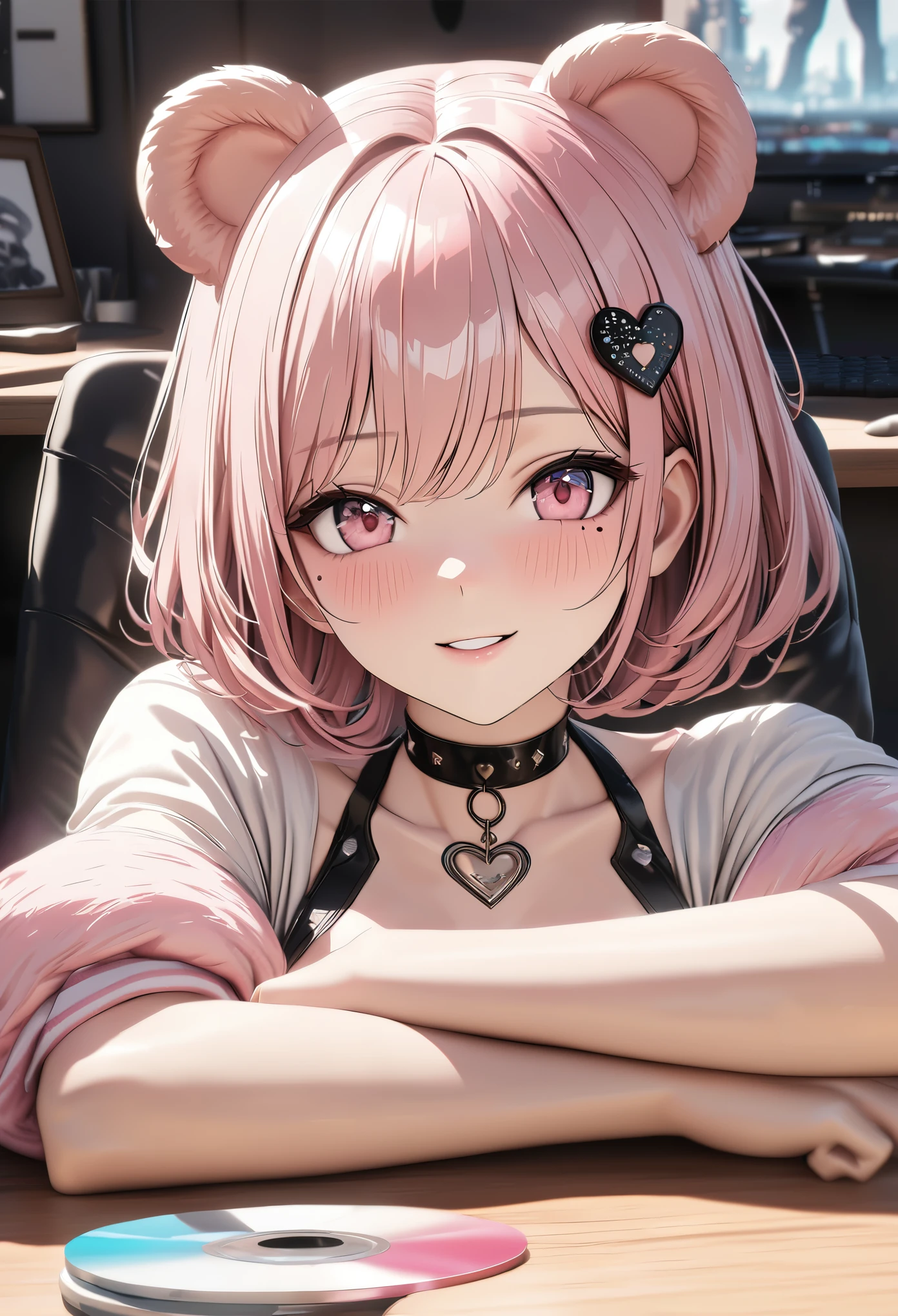 masterpiece,highest quality, Super detailed, High resolution, expensive resolution, HDR, 4k, 8K, unity 8k wallpaper, Super detailed CG, masterpiece, photo realistic, 2D, 3D, beautiful details, depth, fine texture , super fine: 1.3, Fully focused, Crispy.skin, .he,
Very cute anime girl with pink short hair wearing expensive , one girl, smile、alone, pink short hair, animal ears, bear ears, Idol、Cute costumes、whole body、computer、disk、mole under the eye, looking at the viewer , expensive , blush, mole, bear ears, parted lips, hair ornaments, heart, pink eyes, choker