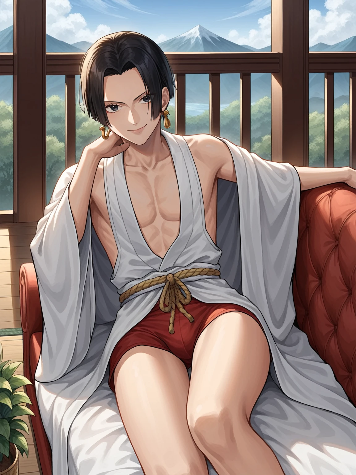 source_anime,score_9,score_8_up, score_7_up, 1boy,solo,outdoors,one piece, boa hancock, couch, indoors, seductive, face closeup, ((closed mouth)), smirk, thighs, long shot, balcony, mountain and riverbackground, fancy, white couch, laying, leaning, front view, red underwear, shorts with rope outline, white robe, genderswap, genderbend, bulge, genderbend ftm, ftm, short hair, femboy, Japanese rope underwear 
