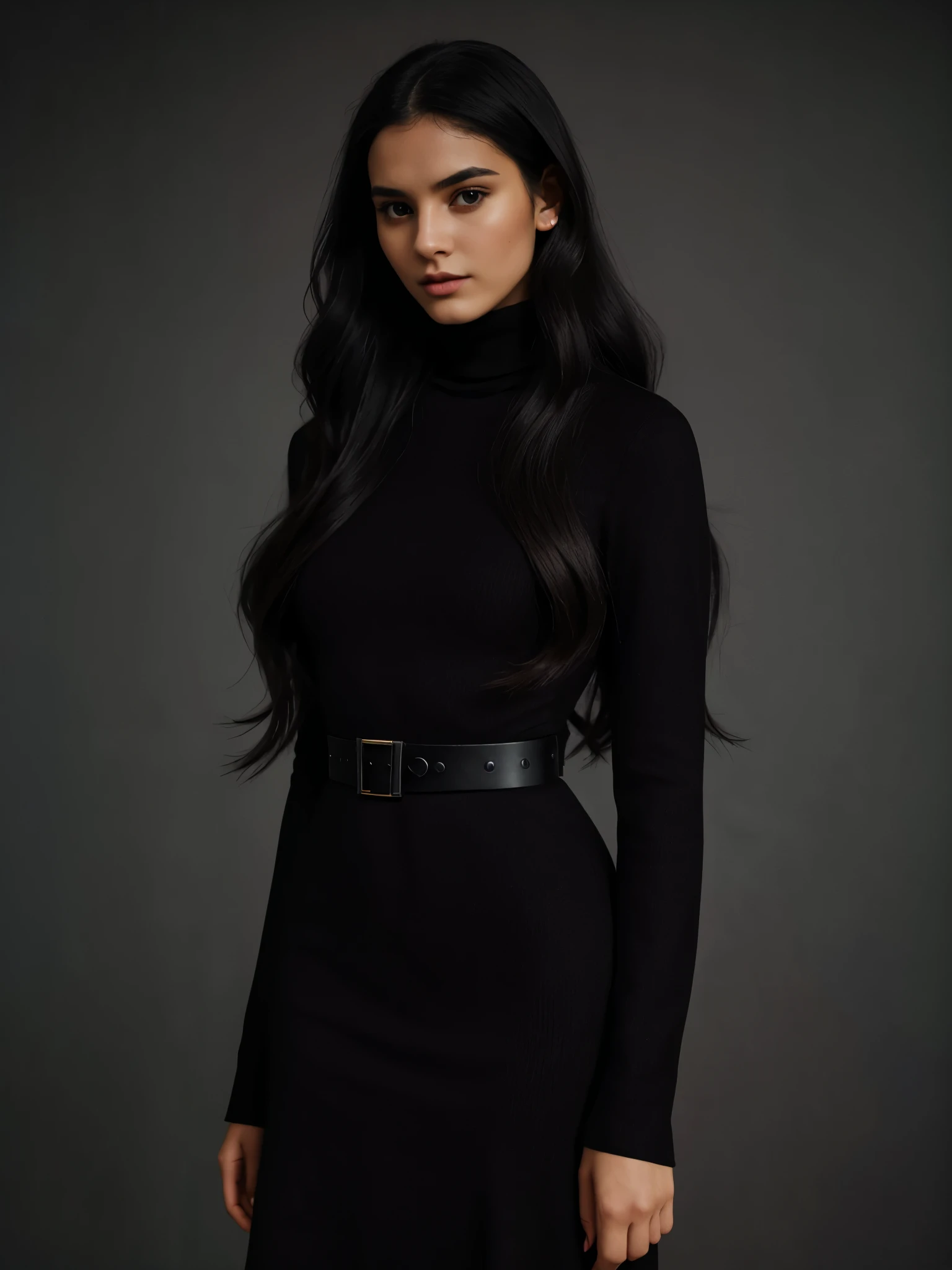 Magazine style photo of a young woman with black wavy long hair wearing a maroon turtleneck dress inspired by Armani and Céline, indirect lighting, studio portrait, dark plain background, dynamic pose, beautiful body, 160 cm 50 kg, Soho, shot on Kodak Colorplus 200, film photography, f1.8 50mm lens