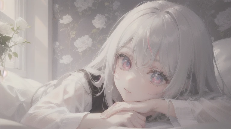 ((masterpiece, best quality))++, Detail lights+, detail hair+, Detail hand+ ,1 girl, Honey, (long gray hair)++, dark pink eyes, beautiful eyes, Young gray hair,,(beautiful white hair:1.5),(beautiful eyes), high resolution+, black stockings , a white pajamas, Glass tones, Reflective eyeanyery detail wallpaper, The original, ,scassue card ,Nature,White rose