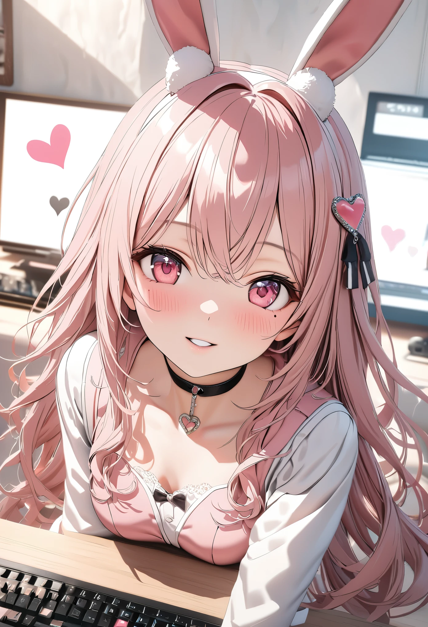 Anime girl with pink hair and bunny ears sitting at a desk Anime girl with pink hair and bunny ears sitting at a desk