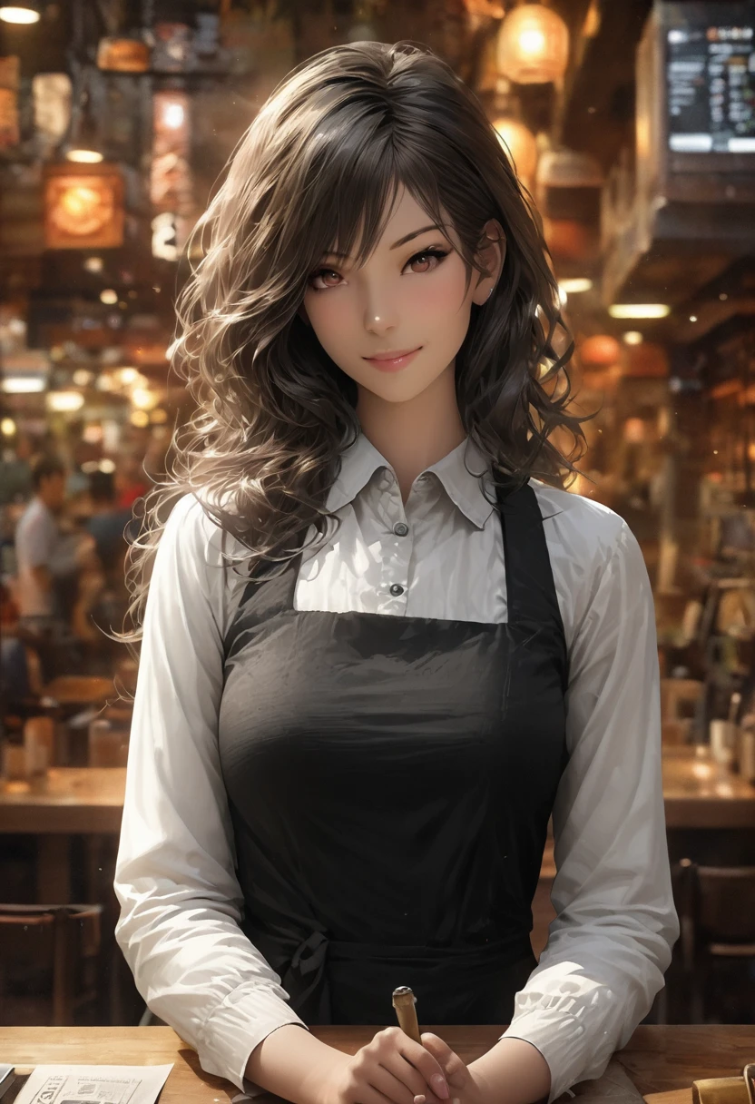 girl, dress, Restaurant cashier, Restaurant tables, smile, detailed background, Realistic, best quality, masterpiece, very aesthetic, perfect composition, intricate details, ultra-detailed, Animagine