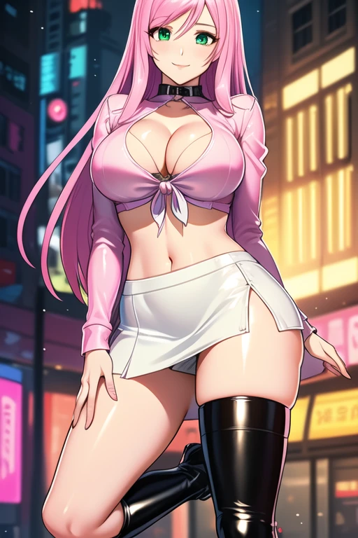 1 girl, 19 years old, Long pink hair, green eyes with slit pupils, master-piece, best quality, (standing up), (pink shirt), (long sleeve pink front-tie crop top, white leather pencil mini skirt, patent leather high heel boots, cleavage),  (Big , ultra gigantic , Super super big, Glamorous body), Make eye contact with the camera, front figure, looking forward, (light_Smile:1.5), (Detailed hands and fingers:1.2) (Cyberpunk City), (FULL BODYSHOT), thighs thighs thighs thighs、beauty legs、