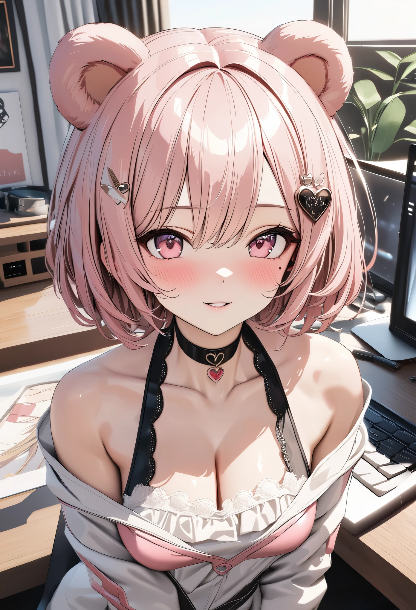 masterpiece,highest quality, Super detailed, High resolution, expensive resolution, HDR, 4k, 8K, unity 8k wallpaper, Super detailed CG, masterpiece, photo realistic, 2D, 3D, beautiful details, depth, fine texture , super fine: 1.3, Fully focused, Crispy.skin, .he,
Very cute anime girl with pink short hair wearing expensive , one girl, smile、alone, pink short hair, animal ears, bear ears, Idol、Cute costumes、whole body、computer、disk、mole under the eye, looking at the viewer , expensive , blush, mole, bear ears, parted lips, hair ornaments, heart, pink eyes, choker