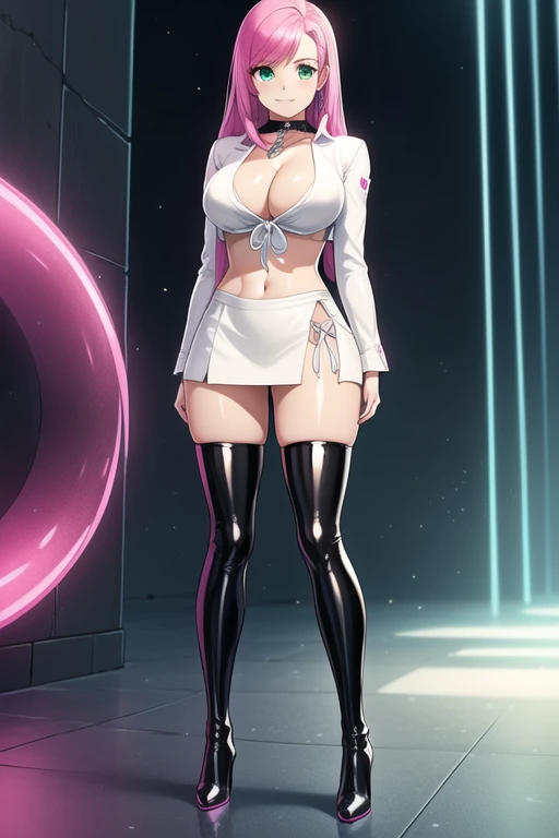 1 girl, 19 years old, Long pink hair, green eyes with slit pupils, master-piece, best quality, (standing up), (pink shirt), (long sleeve pink front-tie crop top, white leather pencil mini skirt, patent leather high heel boots, cleavage),  (Big , ultra gigantic , Super super big, Glamorous body), Make eye contact with the camera, front figure, looking forward, (light_Smile:1.5), (Detailed hands and fingers:1.2) (Cyberpunk City), (FULL BODYSHOT), thighs thighs thighs thighs、beauty legs、