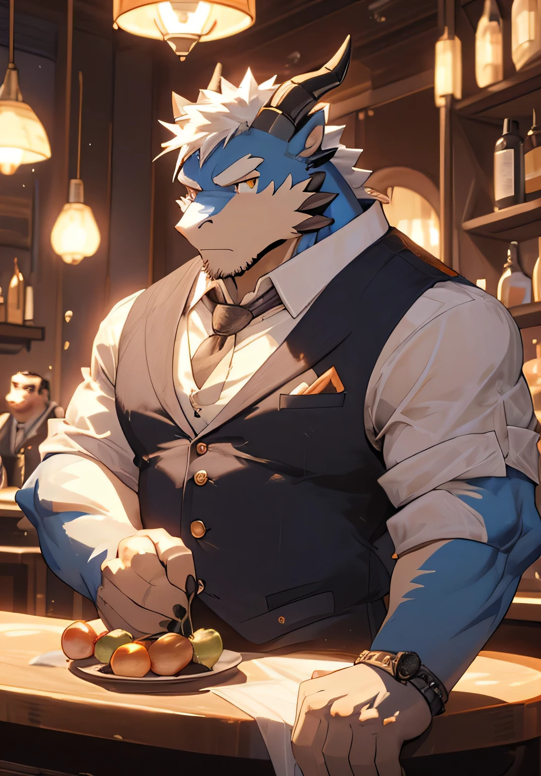 （masterpiece），（Very detailed），（high detail），（best quality），hairy，dragon，dragon scales，dragon horn，blue fur，white hair，golden pupils，8k，（（high quality））,(bar background),（white suit:1.2),bartender,indifferent，