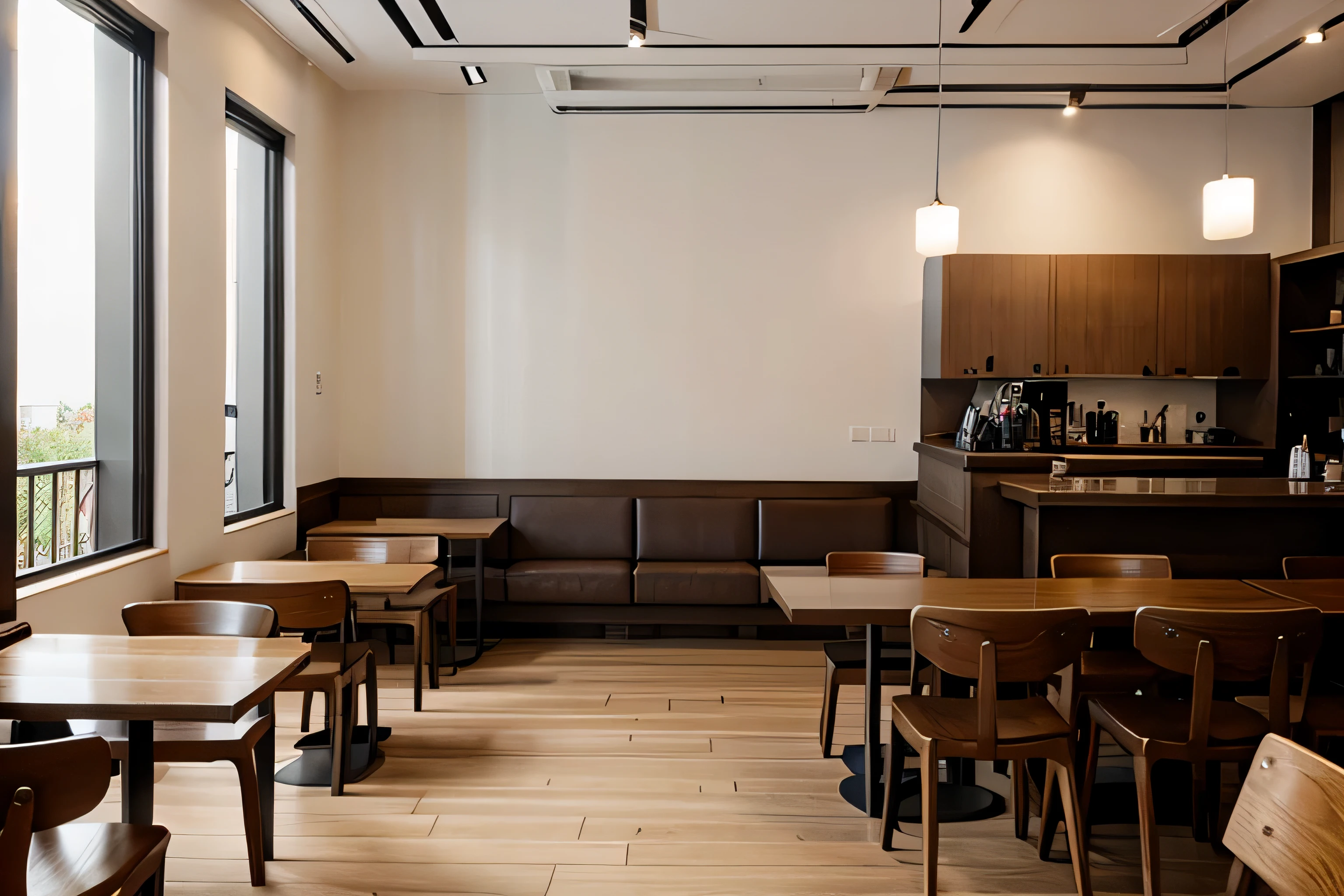 Balanced and spacious interior of a coffee shop in the style of classicism, having bright accent Japanese notes