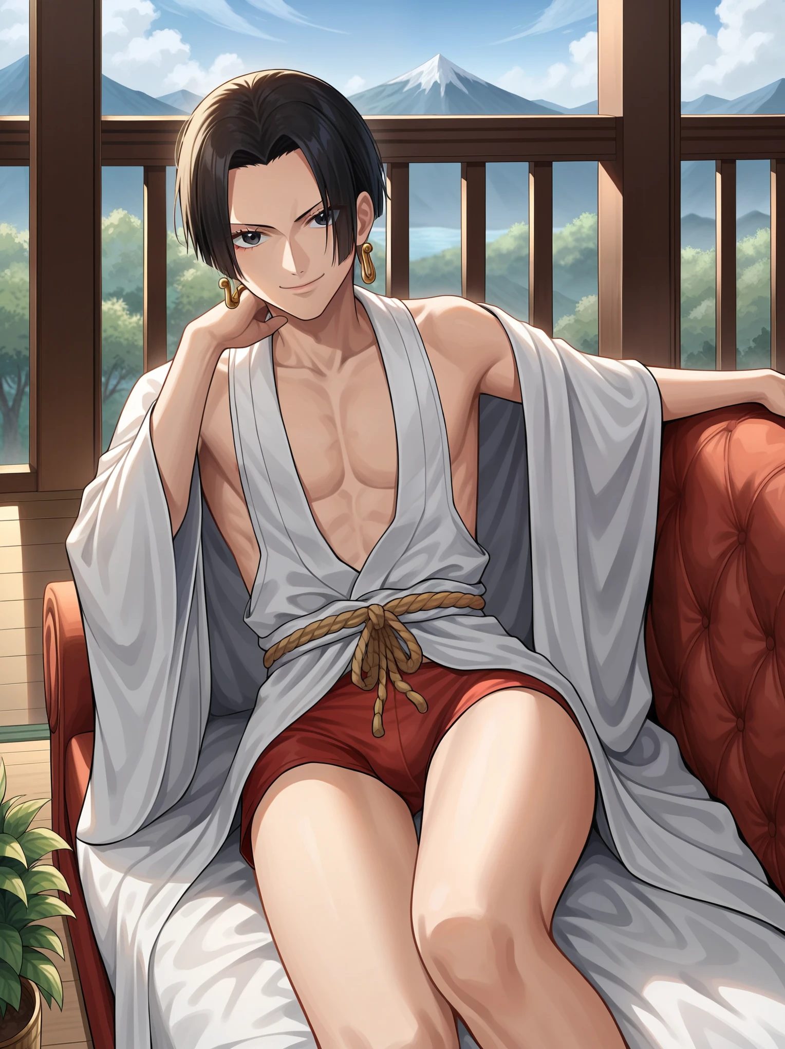 source_anime,score_9,score_8_up, score_7_up, 1boy,solo,outdoors,one piece, boa hancock, couch, indoors, seductive, face closeup, ((closed mouth)), smirk, thighs, long shot, balcony, mountain and riverbackground, fancy, white couch, laying, leaning, front view, red underwear, shorts with rope outline, white robe, genderswap, genderbend, bulge, genderbend ftm, ftm, short hair, femboy, Japanese rope underwear 