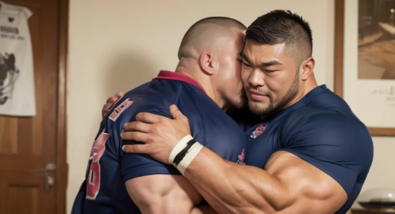 (hugging:1.4), (kissing:1.4), (at rugby uniform:1.4), (at bedroom:1.4), 40's, Japanese man, Chinese man, Korean man, Taiwanese man, manly face, fat face, (round face:1.4), (monolid eyes:1.2), (buzz cut:1.6), very large and strong body, bulky body, beefy muscles, (bulging muscles:1.4), (very large pectoral muscles:1.4), (muscular arms:1.4), muscular abs, muscular legs, muscular back, brightens oily skin, master piece, (realistic:1.4), panorama, distant view