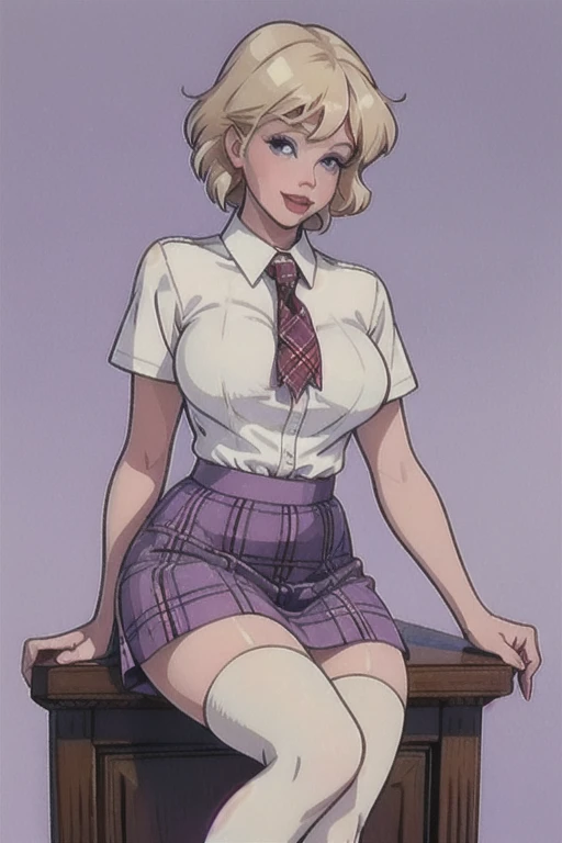 holwod, 1girl, solo, looking at viewer, short hair, blue eyes, blonde hair, medium breasts, upper body,  makeup,  retro artstyle, 1980s (style) plaid plaid_skirt purple_eyes school_uniform shirt sitting skirt smile solo thighhighs white_shirt zettai_ryouiki