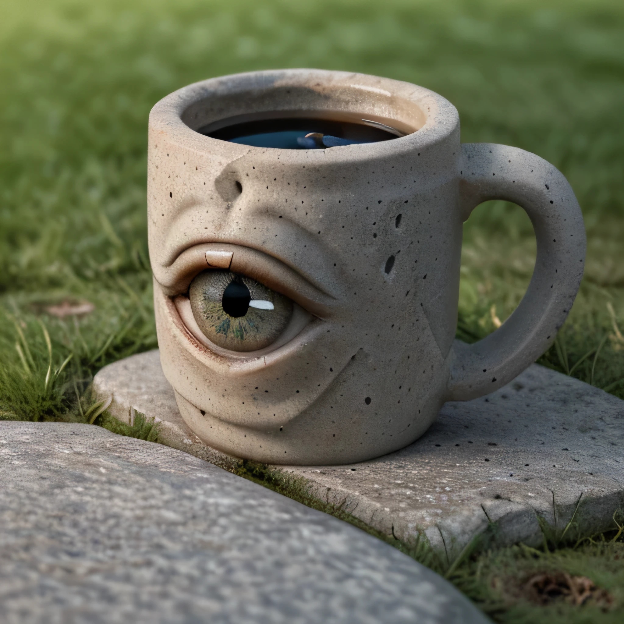 the cup is made of stone, has eyes and a mouth, is on the grass, 4k