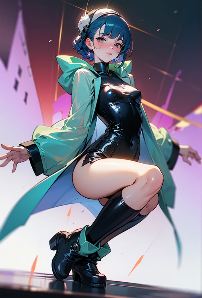 photo realistic, (masterpiece, best quality), 1girl,beauty,yo,see-through white beret hat,braid bunches hair, blue hair color with green mesh,long-sleeved dress,purple gradation vertical stripes pattern dress,mini skirt,black over knee socks,((see-through white raincoat)),see-through white rain boots,on avenue in the cyberpunk metropolis, bayes with large irises, small mouth, fresh lips,nose blush,5finger, bust up image, (latex clothes, Latex tights, soft smile, smooth texture of clothes),intricate details, depth of field,beautiful lighting, volumetric lighting, dynamic angle, (photographic portrait), sharp,