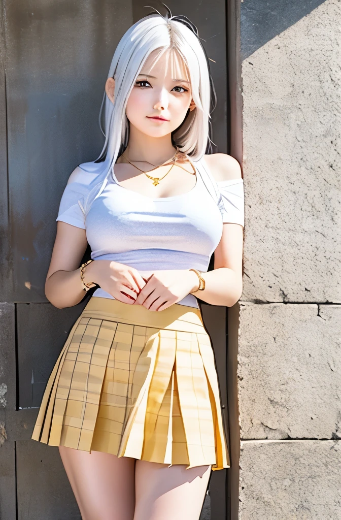 ((skirt lift:1.3)),((platinum hair:1.15)),((Panty shot:1.3)),gold necklace, gold bracelet, gold belt, {{Low-rise skirt with slit}}, plaid pleated skirt, {{{へそ length white shirt}}}, {{{{Shirt tied under the chest}}}}, socks, long hair,1 girl,(highest quality,4k,8K,High resolution,masterpiece:1.2),1 beautiful woman,18-year-old,35mm lens,f/1,considerable breasts,soft sunlight,bright colors,playful expression