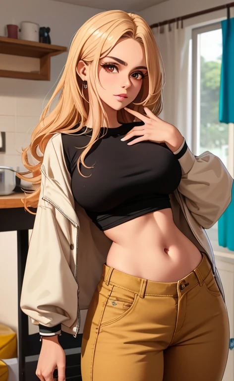 Mulher jovem de 20 anos, cabelos loiros, olhos azuis, rosto perfeito e detalhado, linda, usando uma blusa larga croppet preta, Beige Streetwear Pants, jaqueta colorida por cima do croppet, corpo perfeito, Standing character, dinamic pose, full view, melhor qualidade obra prima, riqueza de detalhes