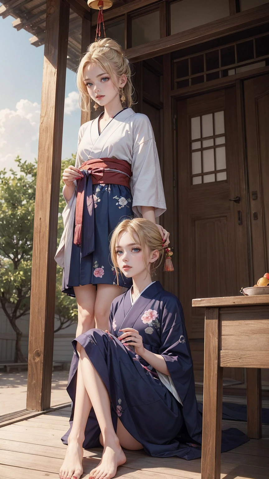 ((最high quality, 8K, masterpiece: 1.3, Ultra HD, high quality, 最high quality, High resolution, realism)) 、22 year old beautiful white woman、Hair color blonde、blue eyeedium hair、straight hair、smile、Slender but well-proportioned muscular body、Athlete-like body type、I don't want my head to disappear from the screen.、Wearing accessories on your wrist、Wearing red nail polish、I have a peticure、Sitting on the veranda of a Japanese house in the Japanese countryside、It's summer、A wind chime is hung in front of the eaves.、barefoot、Fanning oneself、A courtyard spreads out in front of the verandah.、wear a yukata