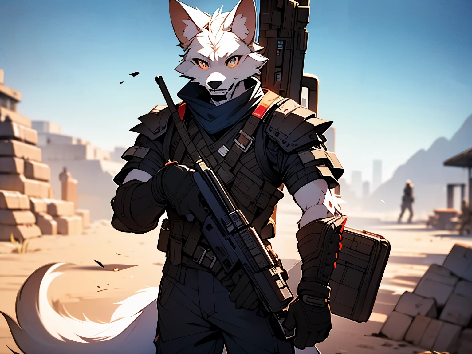 Backpack，Get a gun，modern，body armor，military，Soldier，military uniform，Reinstall，Bag hanging around waist，white wolf，male，steady，cold，brutal，the only person，Orange pupils，desert