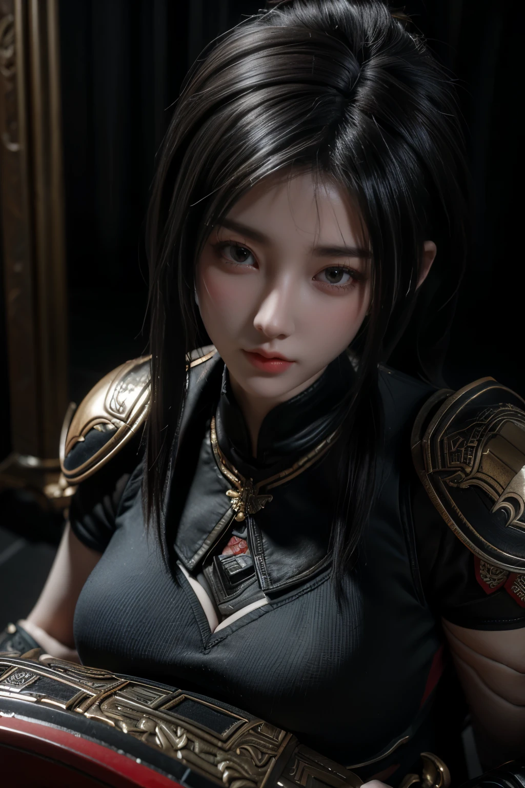 Masterpiece,Game art,The best picture quality,Highest resolution,8K,(Portrait),Unreal Engine 5 rendering works,(Digital Photography),
Girl,Beautiful pupil,(Gradual short hair is blue and red),Busty,(Big breasts),(Portrait photography:1.5),
(A chivalrous woman in Tang Dynasty),Casual hairstyle,Delicate faces,(Full breasts,Big breasts),Serious,Cool and elegant,(Wearing combat armor combined with the characteristics of ancient Chinese clothing,A complex pattern,Mysterious light,Hollow Armor),(Red and black),Ancient fantasy style characters
Movie lights，Ray tracing，Game CG，((3D Unreal Engine))，oc render reflection texture