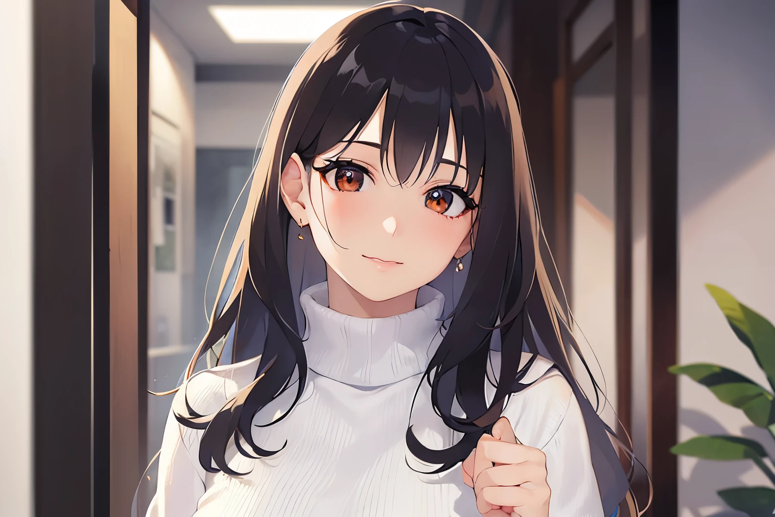 (put up index finger:1.2), head tilt、Biologically correct five fingers、Upper Body, Realistic, real person, (pale skin: 1.2), RAW photo, photorealistic, portrait photography, shiny skin, japanese idol、shiny hair、(25 year old woman with medium hair with bangs) and (wavy hair) and (brown hair) and (orange eyes) , (White turtleneck top) 、smile, The background is the office front desk.、Alone、Are standing