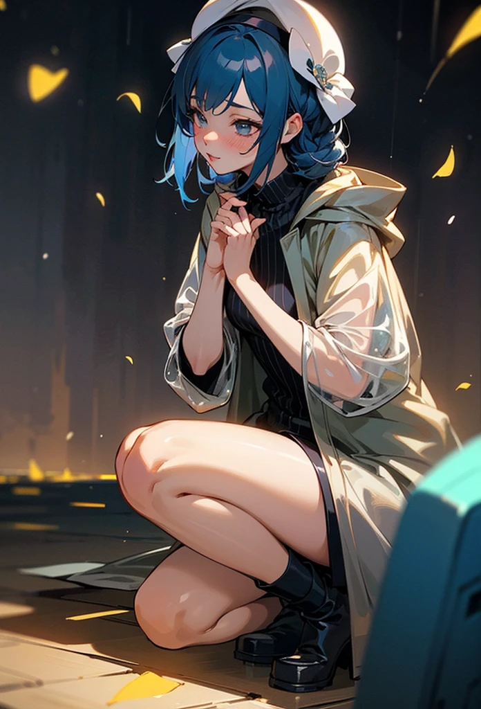 photo realistic, (masterpiece, best quality), 1girl,beauty,17yo,see-through white beret hat,braid bunches hair, blue hair color with green mesh,long-sleeved dress,purple gradation vertical stripes pattern dress,mini skirt,black over knee socks,((see-through white raincoat)),see-through white rain boots,on avenue in the cyberpunk metropolis, baby face,eyes with large irises, small mouth, fresh lips,nose blush,5finger, bust up image,intricate details, depth of field,beautiful lighting, volumetric lighting, dynamic angle, (photographic portrait), sharp,