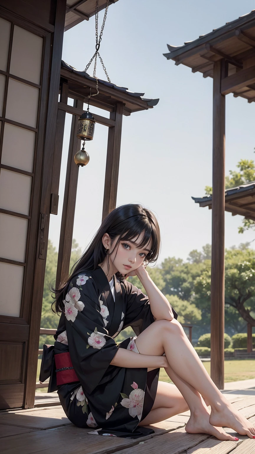 ((最high quality, 8K, masterpiece: 1.3, Ultra HD, high quality, 最high quality, High resolution, realism)) 、A stunningly beautiful 22-year-old Japanese woman、hair color is black、black eye、medium hair、straight hair、smile、Slender but well-proportioned muscular body、Athlete-like body type、I don't want my head to disappear from the screen.、Wearing accessories on your wrist、Wearing red nail polish、I have a peticure、Sitting on the veranda of a Japanese house in the Japanese countryside、It's summer、A wind chime is hung in front of the eaves.、barefoot、Fanning oneself、A courtyard spreads out in front of the verandah.、wear a yukata