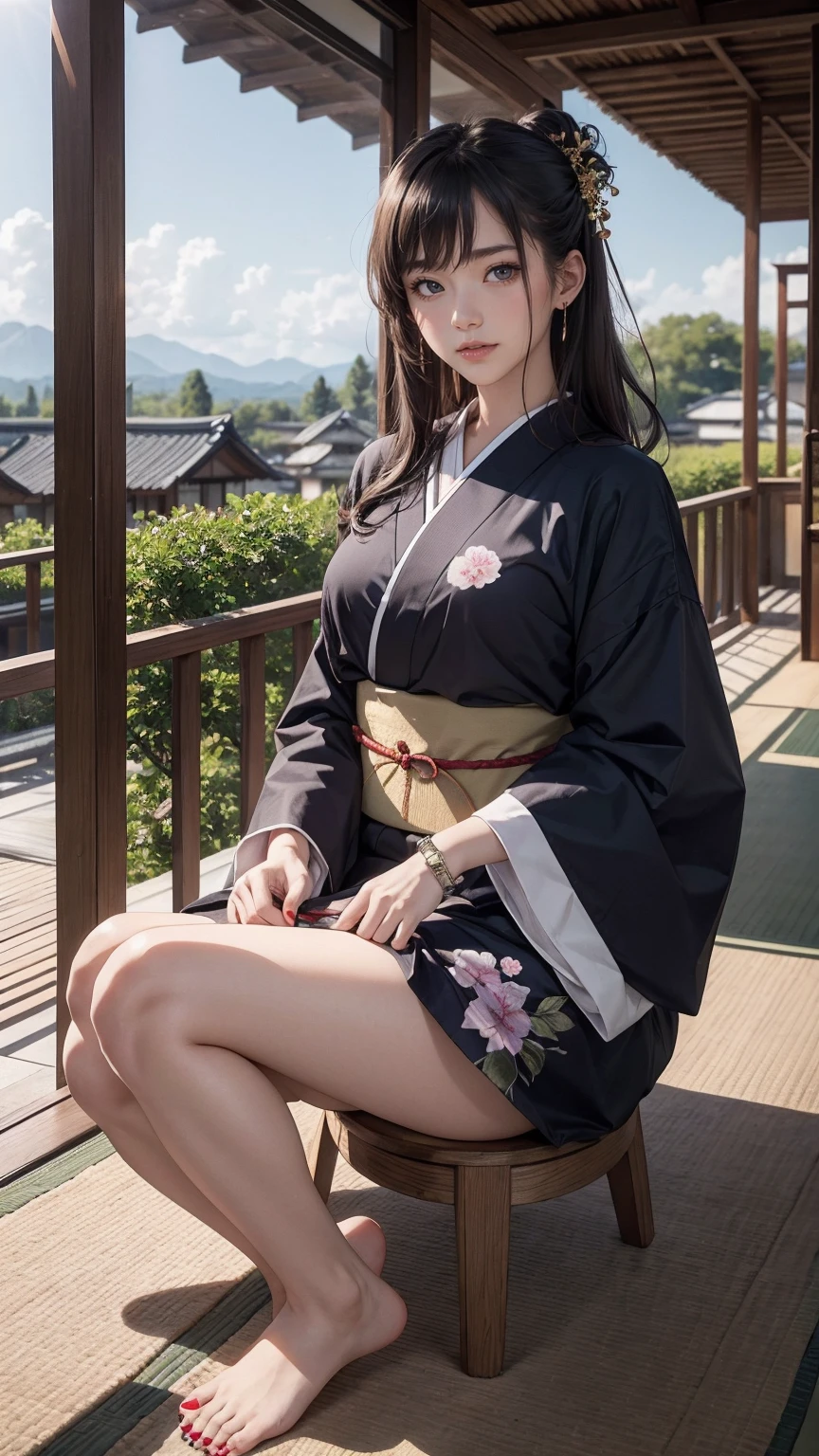 ((最high quality, 8K, masterpiece: 1.3, Ultra HD, high quality, 最high quality, High resolution, realism)) 、A stunningly beautiful 22-year-old Japanese woman、hair color is black、black eye、medium hair、straight hair、smile、Slender but well-proportioned muscular body、Athlete-like body type、I don't want my head to disappear from the screen.、Wearing accessories on your wrist、Wearing red nail polish、I have a peticure、Sitting on the veranda of a Japanese house in the Japanese countryside、It's summer、A wind chime is hung in front of the eaves.、barefoot、Fanning oneself、A courtyard spreads out in front of the verandah.、wear a yukata