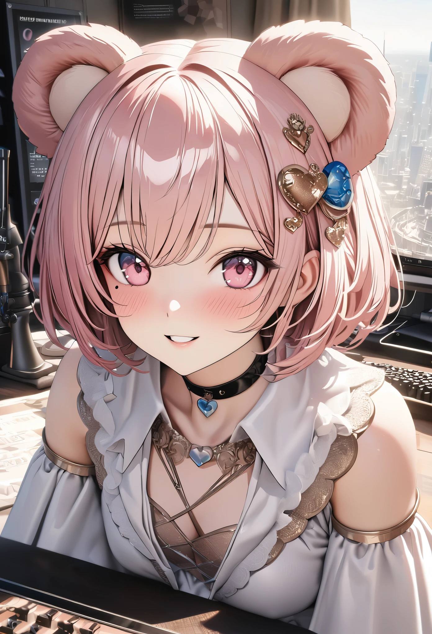 masterpiece,highest quality, Super detailed, High resolution, expensive resolution, HDR, 4k, 8K, unity 8k wallpaper, Super detailed CG, masterpiece, photo realistic, 2D, 3D, beautiful details, depth, fine texture , super fine: 1.3, Fully focused, Crispy.skin, .he,
Very cute anime girl with pink short hair wearing expensive , one girl, smile、alone, pink short hair, animal ears, bear ears, Idol、Cute costumes、knee high boots、whole body、computer、disk、mole under the eye, looking at the viewer , expensive , blush, mole, bear ears, parted lips, hair ornaments, heart, pink eyes, choker