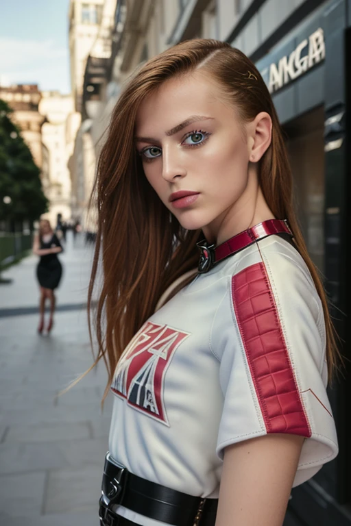 Professional RAW photo of 25 year old pale Russian young cute charismatic supermodel in (a fashionable women's t-shirt look in (Balenciaga style:1.55) and (constructivist style:1.4), in color (red:1.1), (blue:0.5), (gray:1.0), (black:1.1), (big pattern:1.15)), ((streets fashion style)), goes to a cafe and park, amator, (detailed face), ((full length)), (high detail skin:1.3), 8k uhd, dslr, soft lighting, high quality, (high saturation:1.0), film grain, Fujifilm XT