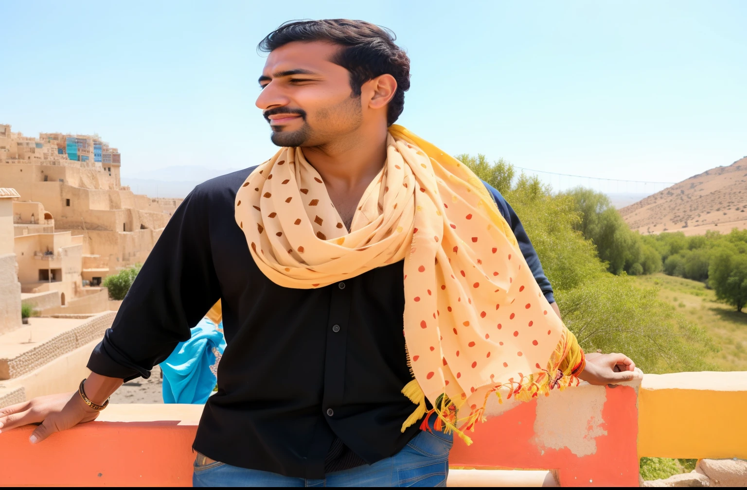 arafed man standing on a wall with a scarf over his shoulder, wearing wheat yellow gauze, inspired by Kailash Chandra Meher, on a sunny day, vastayan, scarf, handsome man, with a figure in the background, in sunny weather, shot on sony a 7, photo taken in 2 0 2 0, distant full body view