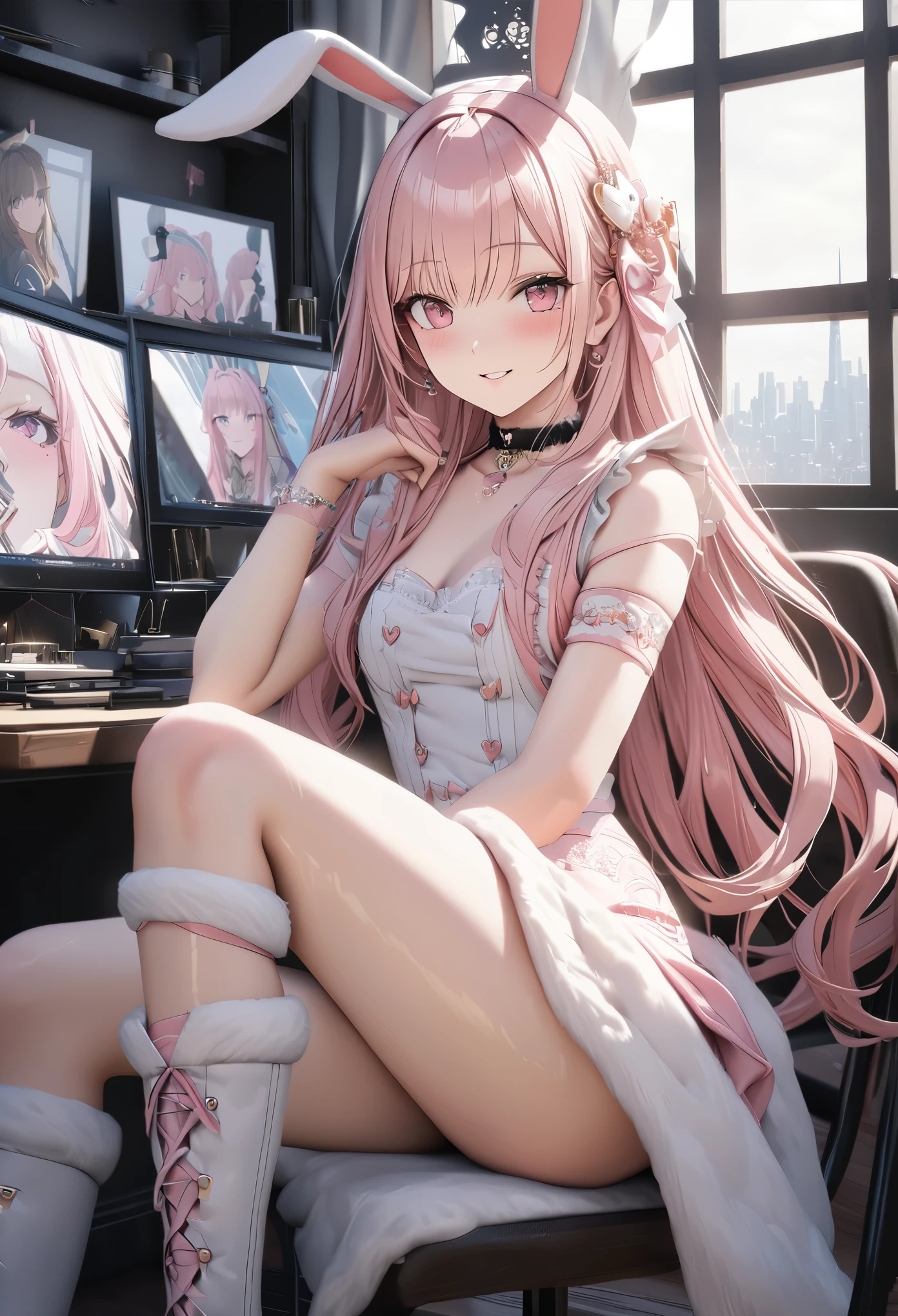 Anime illustrations in the style of "Kyoto Animation", highest quality, (cute: 1.1), (cute), (high resolution: 1.2), incredibly ridiculous: 1.3, incredibly fine illustrations, break 1 beautiful girl, Solo,Small Horns, Short Hair, Big Eyes, Ω, Closed Mouth, Colorful and Bold Corset Mini Dress:1.5,D Couple Cute Bikini, Twine Buns, (Pink Kawaii Room),(Pink Gothic Room),(Messy Room, Marchen,Ribbon,Star Item,Small Window, (heterochromia, light blue eyes and light green eyes),silhouette of star eyes, solo, standing figure, happy, :d, princess eyes, big breasts, break, braid, light pink hair, semi-long hair, red ribbon at the end of braid, sitting at desk, angle from the side, ((looking at PC with butt sticking out)), looking at iPhone, cute panties, cute string panties, office, worried