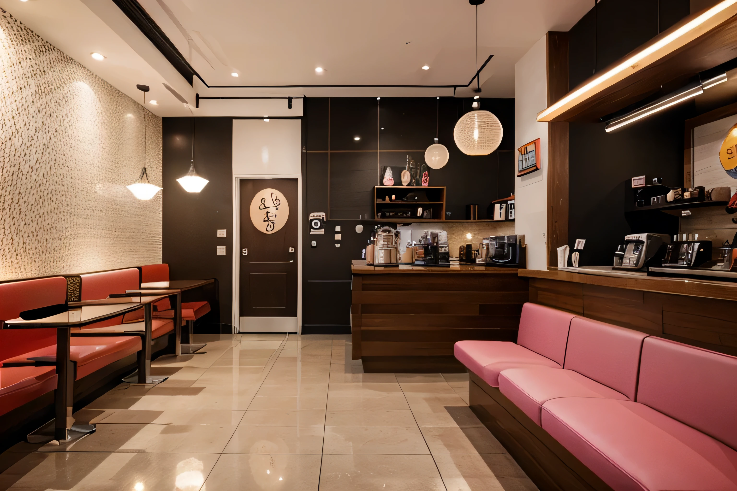 coffee shop interior with bright accents of Japanese pop culture 