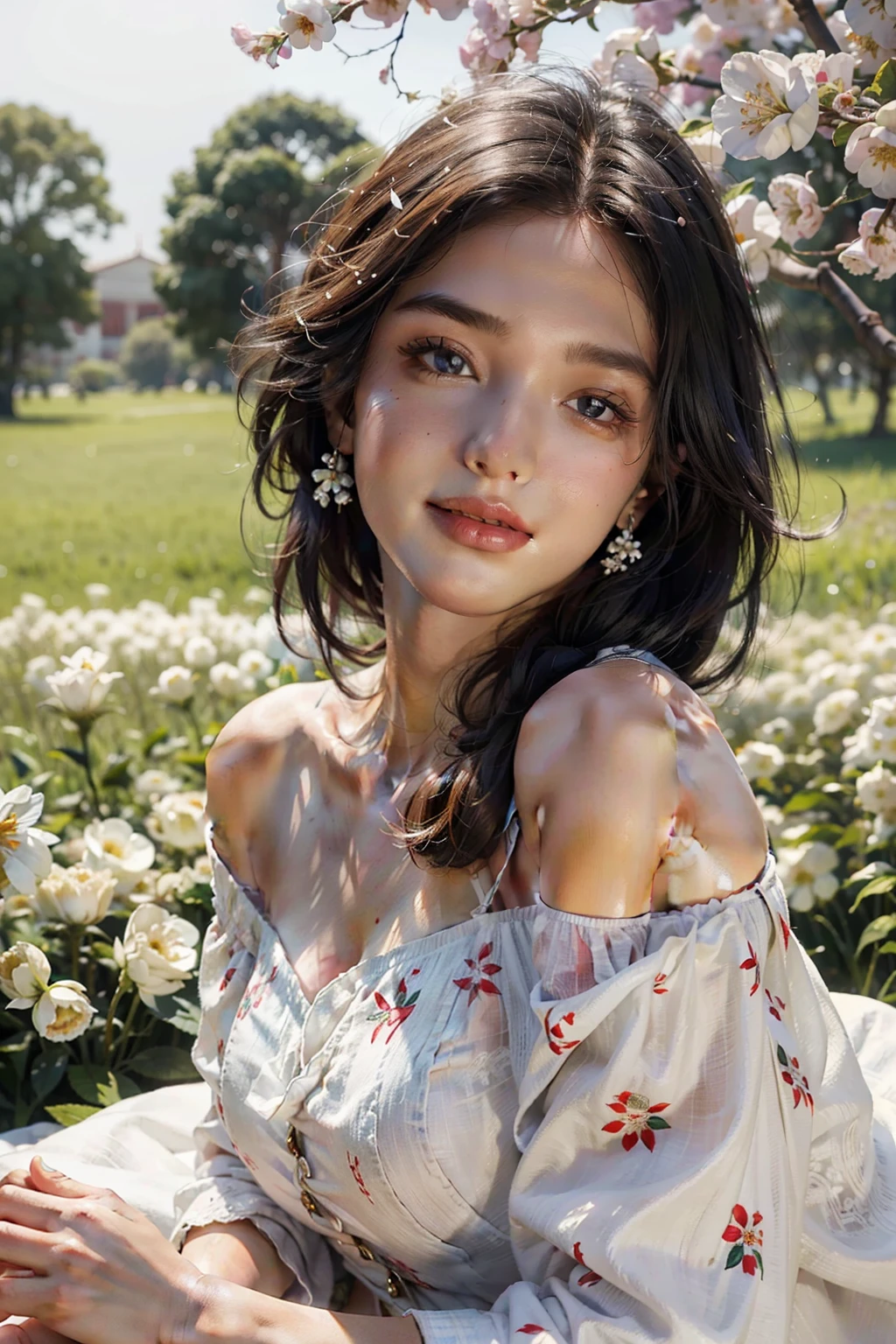 Best quality, masterpiece, ultra high res, indian(photorealistic:1.4), raw photo, 1girl, white dress, off shoulder, blossom flower field, glowing skin, light smile