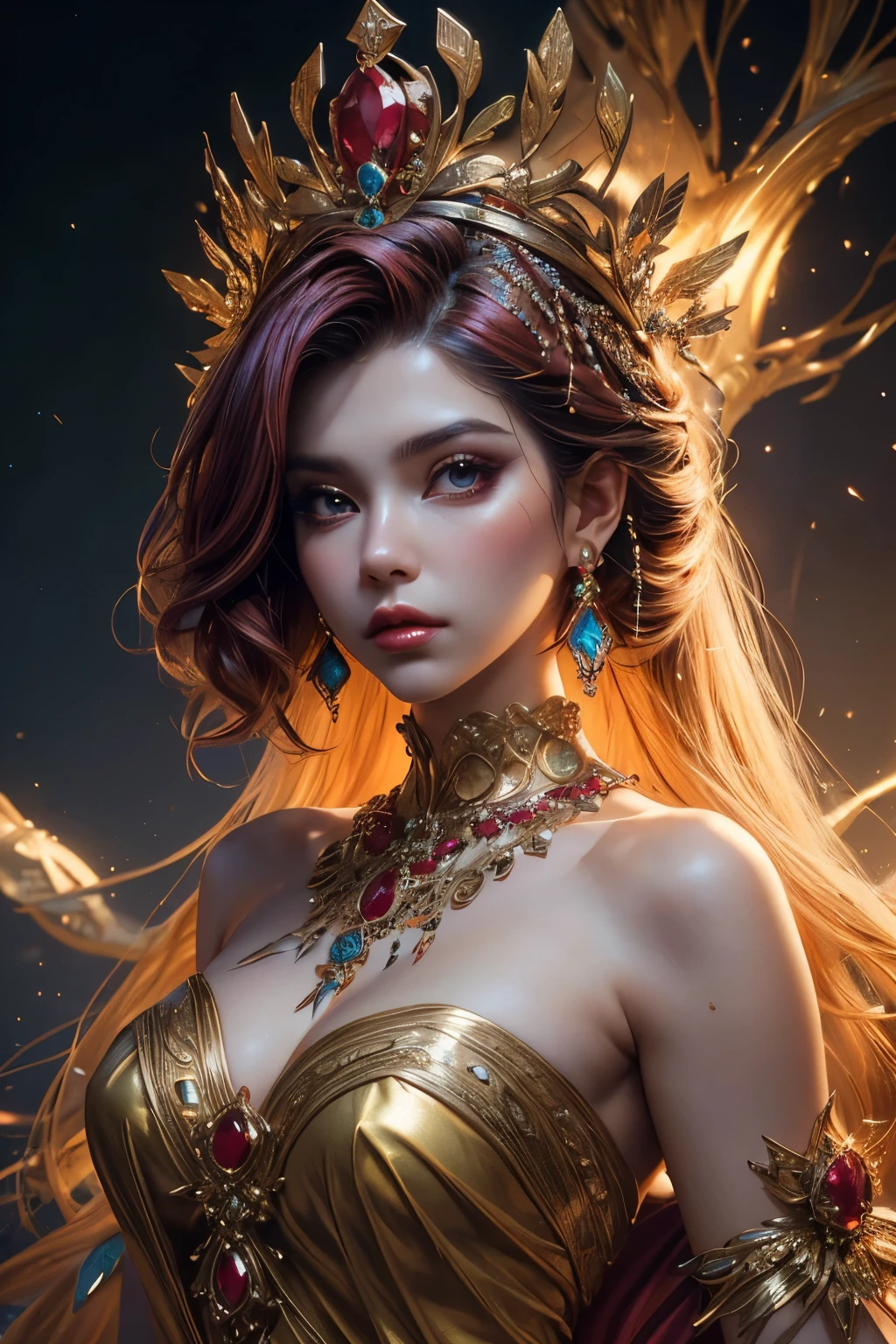 ((best quality)), ((masterpiece)), (detailed), person wearing costume, (Behance contest winner:1.2), fantasy art, crown of giant rubies, 3D goddess portrait, style of Ross Tran, captivating lighting, 8k resolution, striking facial expression, (elaborate costume details:1.3), vibrant colors, powerful presence, (ethereal glow:1.1)