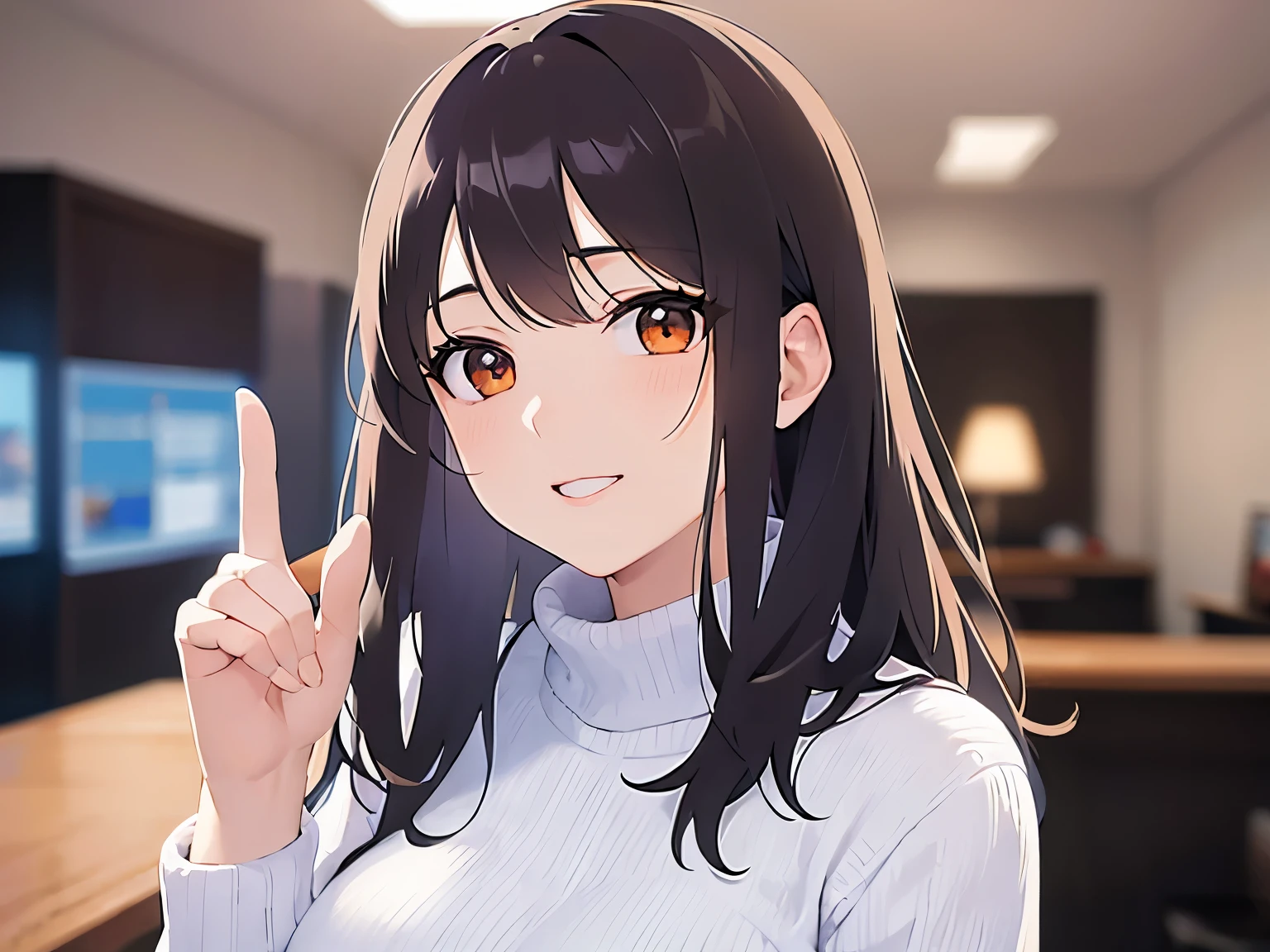 (put up index finger:1.2), head tilt、Biologically correct five fingers、Upper Body, Realistic, real person, (pale skin: 1.2), RAW photo, photorealistic, portrait photography, shiny skin, japanese idol、shiny hair、(25 year old woman with medium hair with bangs) and (wavy hair) and (brown hair) and (orange eyes) , (White turtleneck top) 、smile, The background is the office front desk.、Alone、Are standing