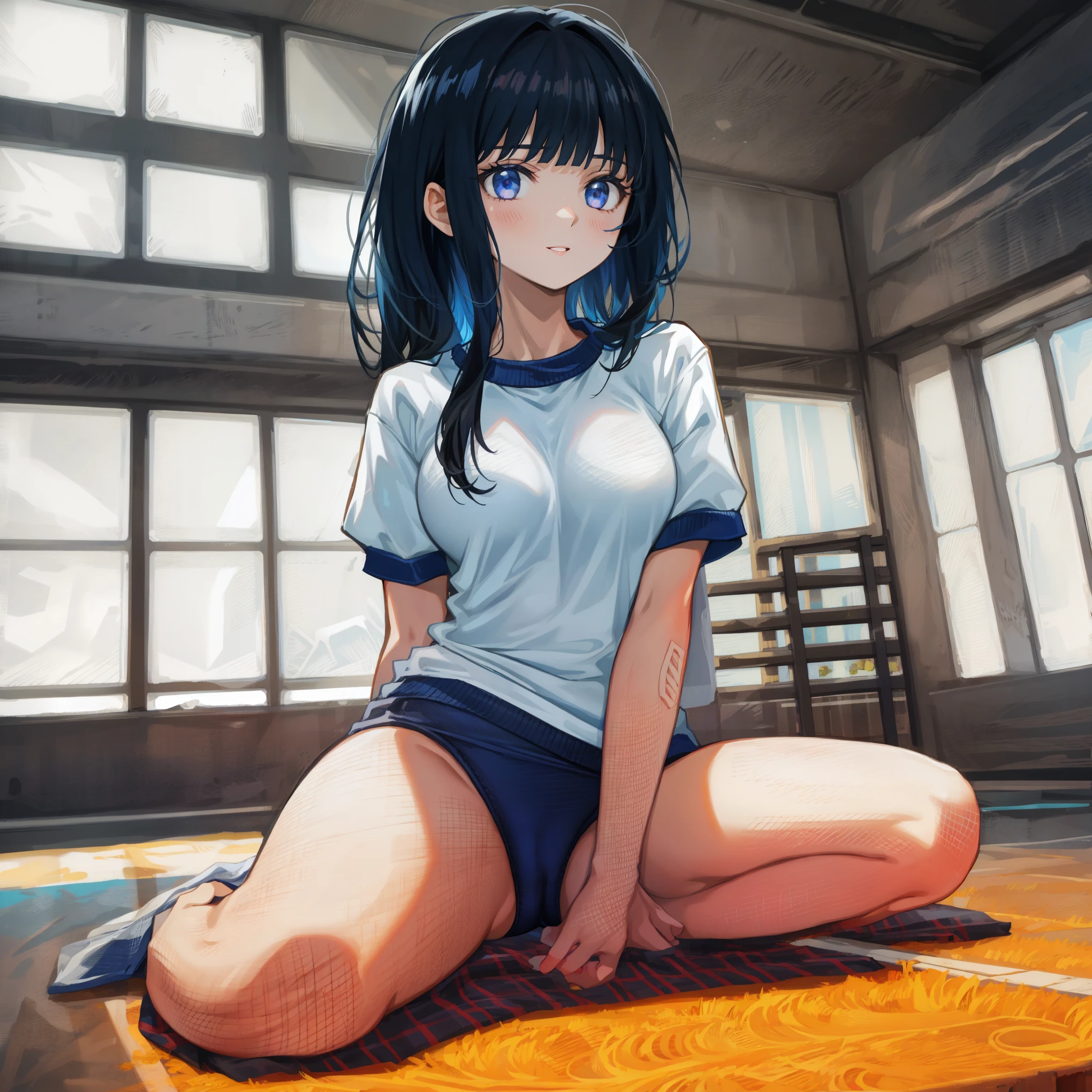 beautiful illustrations, highest quality, pretty girl,beautiful skin,{{From Below}},high school girl,BREAK,{{gymnastics}},{{{high quality panties}}},happy,BREAK,{black hair}},{{beautiful eye1:4}},{{look far away}},,beautiful medium and large breasts 1:4,high school girl