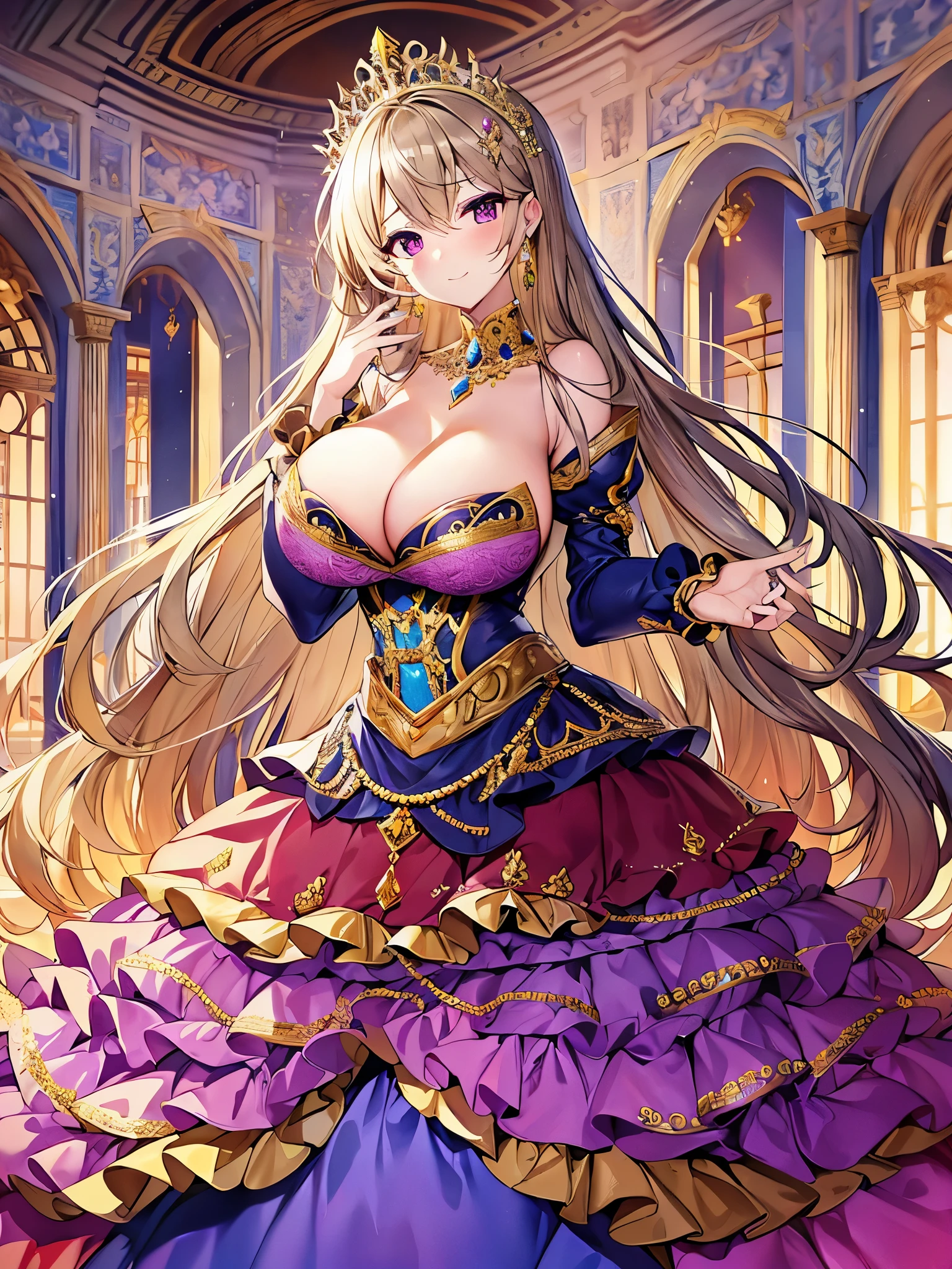 ((anime artstyle)),(Masterpiece),(Best Quality), (Super Detail),(((Very Delicate and Beautiful))),Solo,full body,((full body portrait)),((1 bling-bling gorgeous princess in beautiful embroidery and bling-bling jeweled gorgeous rococo ballgown)),((((absurdly gigantic tits)))),(((cleavage,curvy))),Skindentation,detailed face and eyes,jewel-like eyes,((castle,outdoor)),((crinoline,long train)),gorgeous princess rococo ballgown with voluminous full length hoop skirt and long train,(((bling-bling gorgeous rococo ballgown with beautiful embroidery and bling-bling jeweled))),((large amount of straight hair, absurdly long hair,Very Long Straight Hair)),extremely gorgeousfull hair ornament,(bling-bling extremely gorgeousfull jeweled tiara),luxurious jewelry,full body,((beautiful embroidery and jeweled bling-bling gorgeous rococo ballgown))