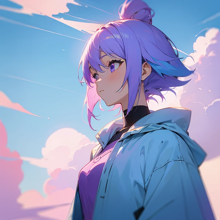 anime style. anime girl with mix light blue hair and fade purple hair to pink hair. sky blue with clouds sunny background 