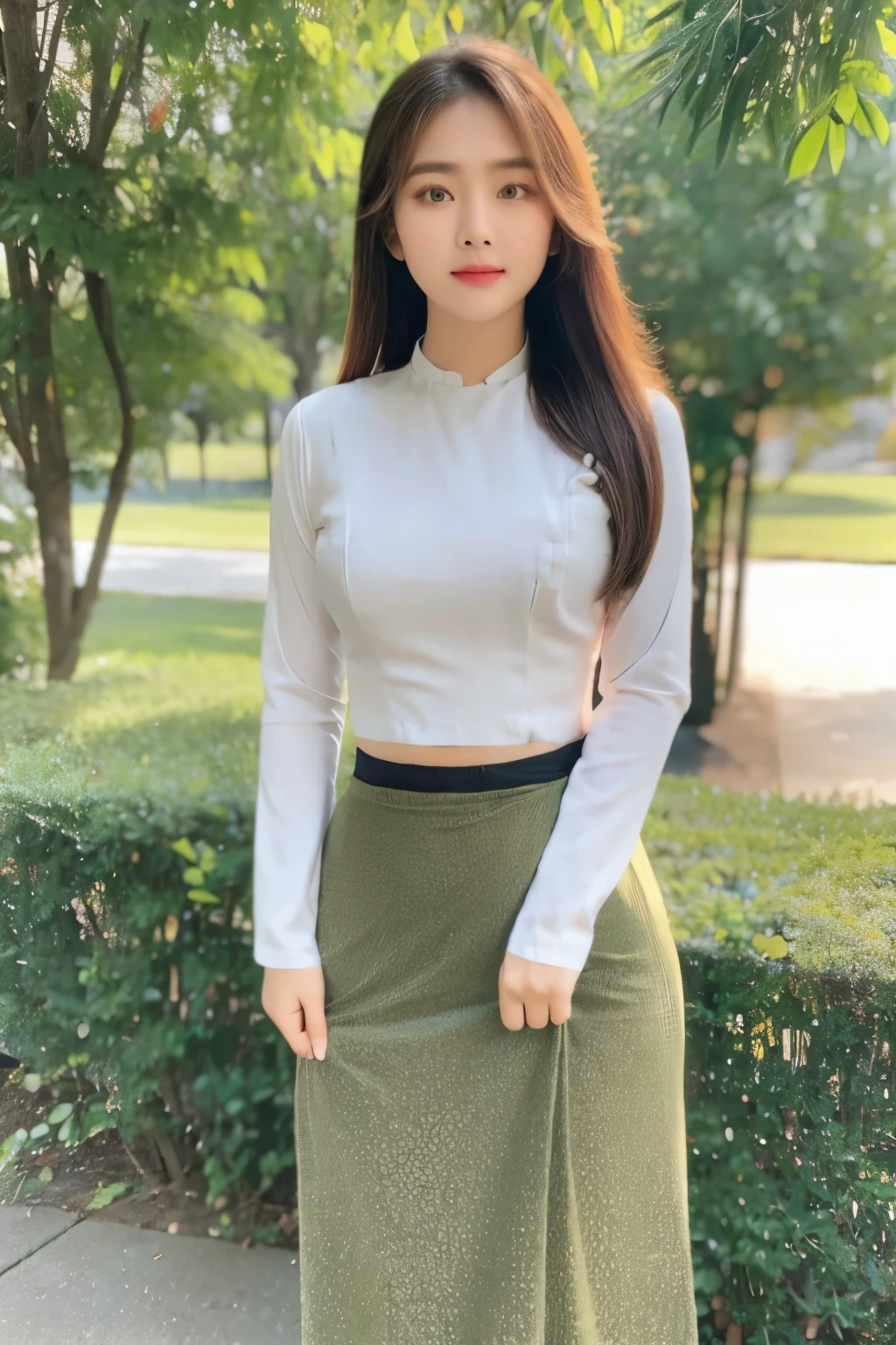 masterpiece, best quality, 1girl, solo, ((mature female)), round pupils, long hair, hair, Burmese girl, looking at viewer, acmm ls outfit, wearing acmm top, olive green acmm top, long sleeves, wearing acmm long skirt, olive green acmm long skirt, printed skirt, realistic, outdoor, sun light