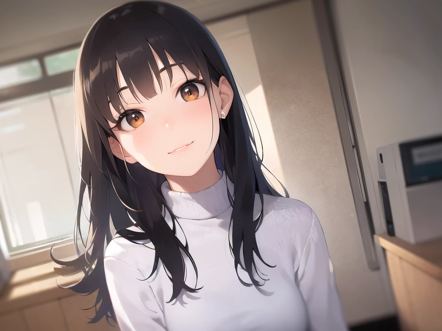 head tilt、Biologically correct five fingers、Upper Body, Realistic, real person, (pale skin: 1.2), RAW photo, photorealistic, portrait photography, shiny skin, japanese idol、shiny hair、(25 year old woman with medium hair with bangs) and (wavy hair) and (brown hair) and (orange eyes) , (White turtleneck top) 、smile, The background is the office front desk.、Alone、Are standing